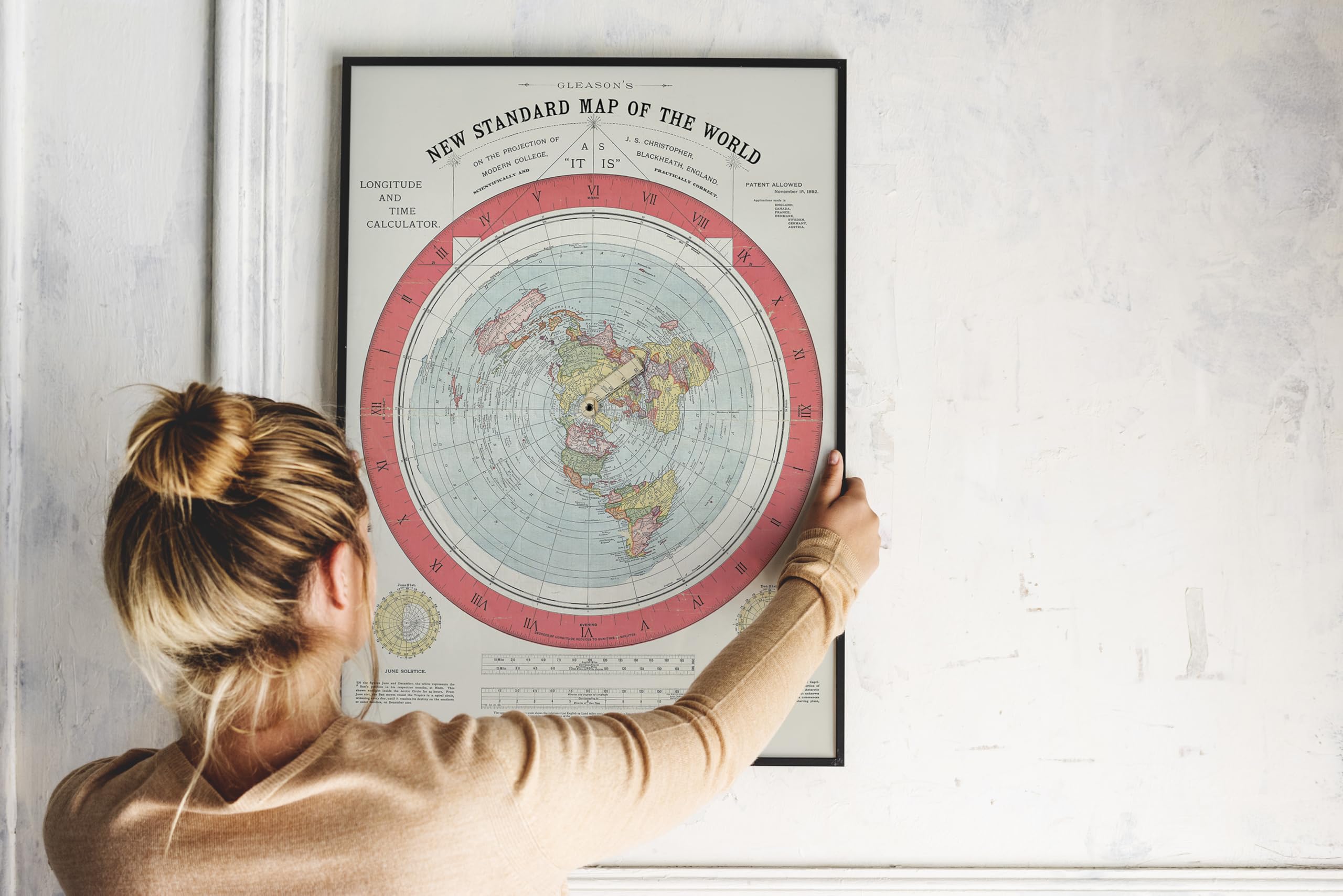 Mapa histórico, 1892 Gleason's New Standard map of The World: on The Projection of J. S. Christopher, Modern College, Blackheath, Inglaterra, arte de pared vintage: 61 x 91 cm