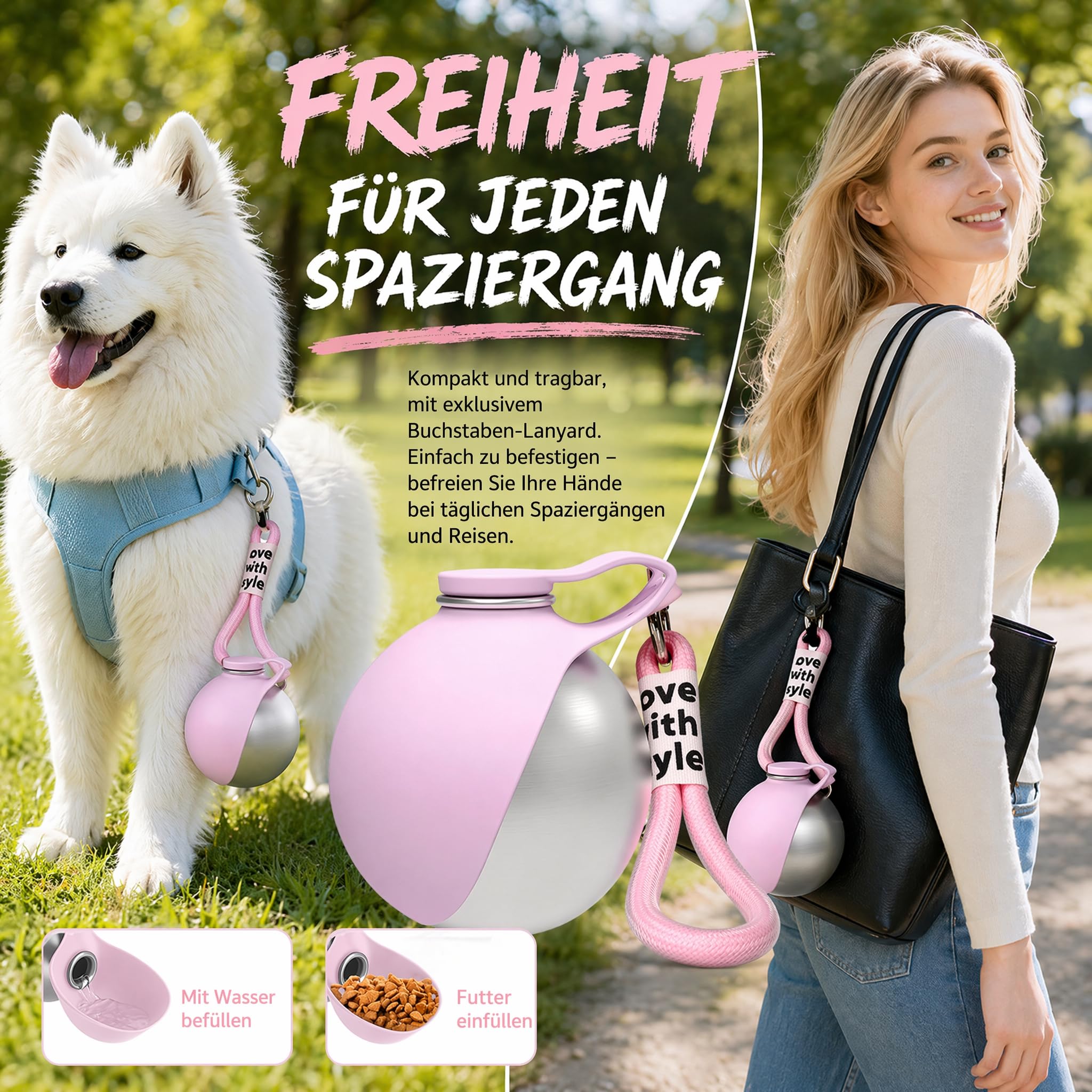 Trinkflasche Hunde für Unterwegs, 285ml Edelstahl Hunde Trinkflasche to Go, Hundetrinkflasche für Unterwegs, Auslaufsichere Wasserflasche mit Faltbarem Silikonnapf für Klein Hund Katzen Reise Camping
