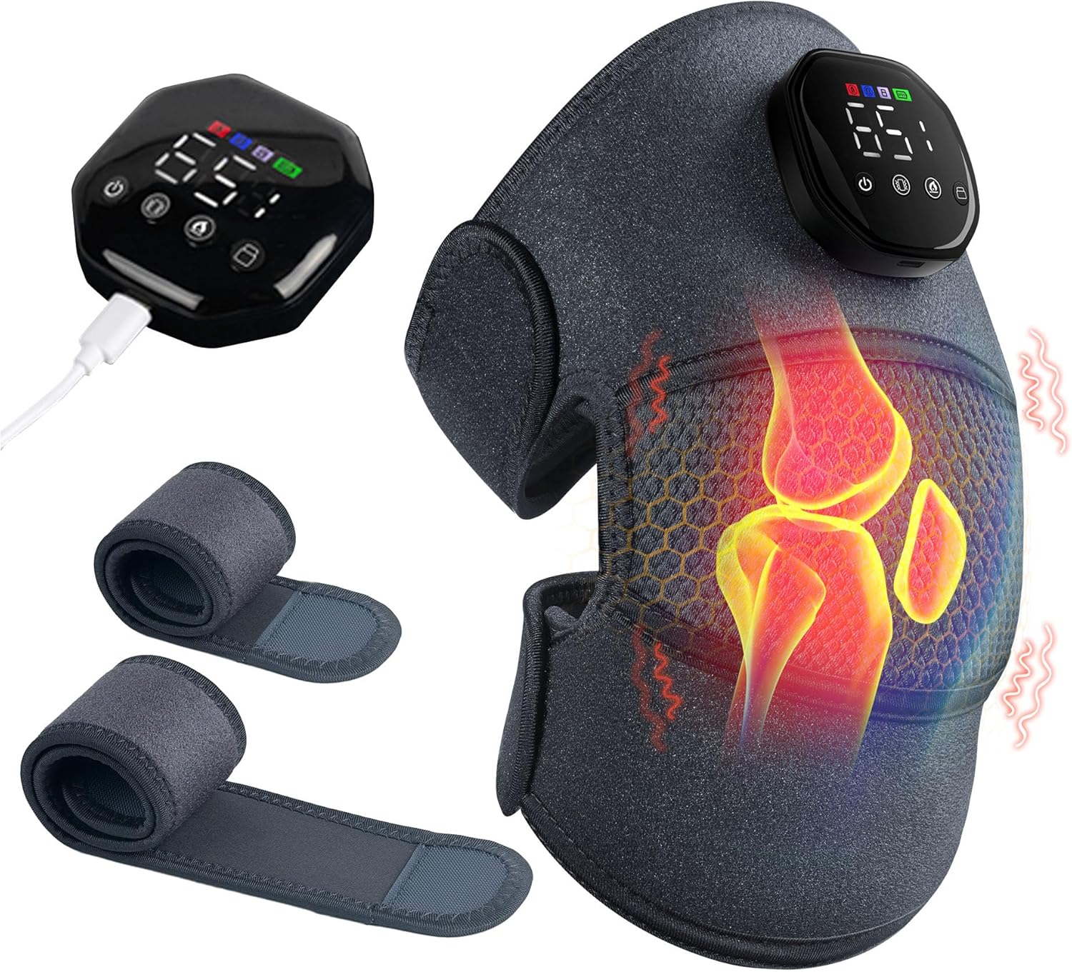 Cordless Knee Massager for Pain Relief, Knee Heating Pad with 5 Vibration Modes & 5 Heat Levels, Heated Knee Brace for Knee Pain, 3-in-1 Massager for Knee, Shoulder, Elbow, with 2 Extension Straps