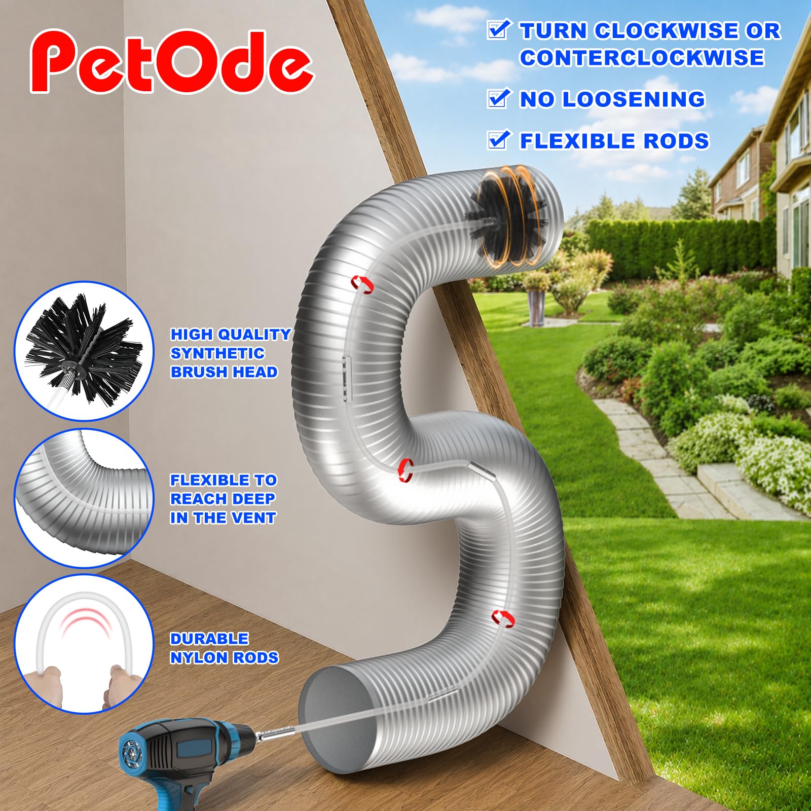 PetOde Kit de limpiador de ventilación de secadora de 42 pies, herramientas