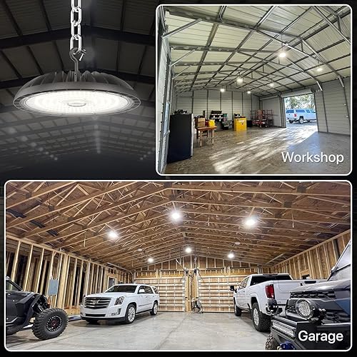 Miniatura 6 de Paquete de 4 luces LED de alta bahía de 250 W, 37500 lm UFO High Bay Luces de tienda 5000 K, iluminación duradera de alta bahía con enchufe