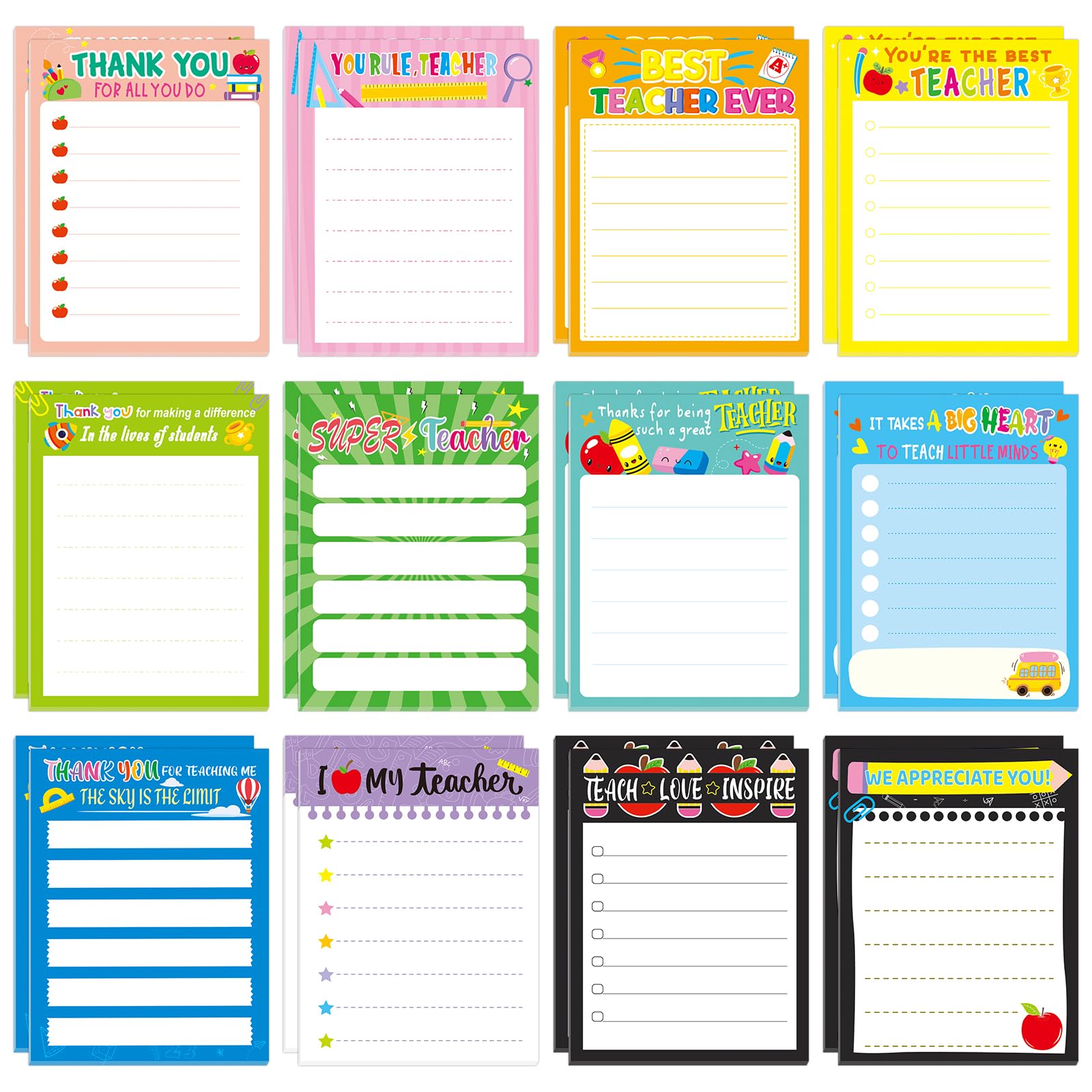 24 Pcs Teacher Appreciation Notepad Sets Memo Notepads Cute Sticky Notes School Appreciation Gift
