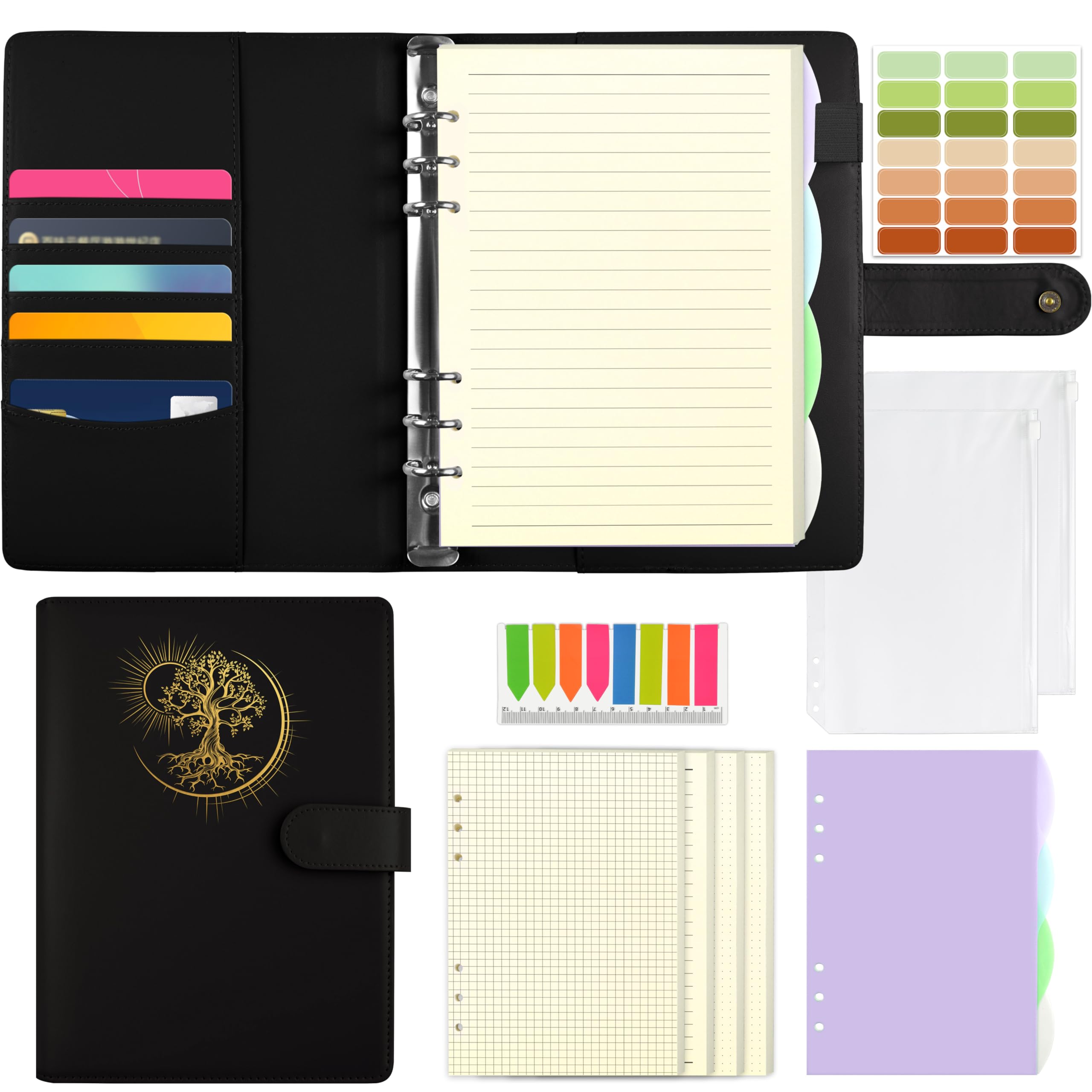 Qefuna A5 Refillable Ring binder Notebook,with 180 Sheets Refill Paper, PU Cover with Foil Embossed Sun Tree of Life Pattern