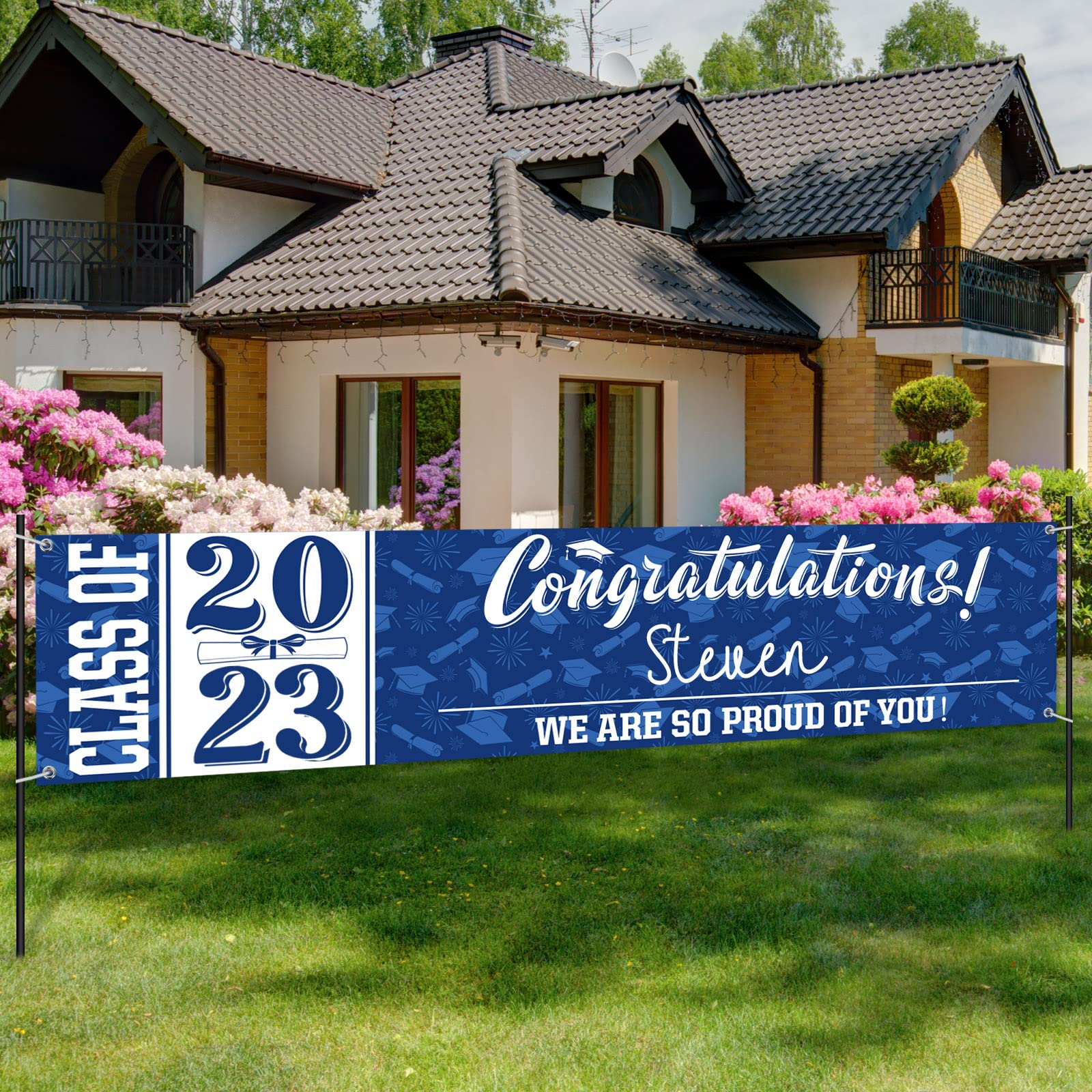 Class of 2023 Graduation Decorations Graduation Banner 2023 Personalized Congratulations Banner with 4 Marker Pens for High School College Graduation Party Supplies (Congratulations, Blue White)