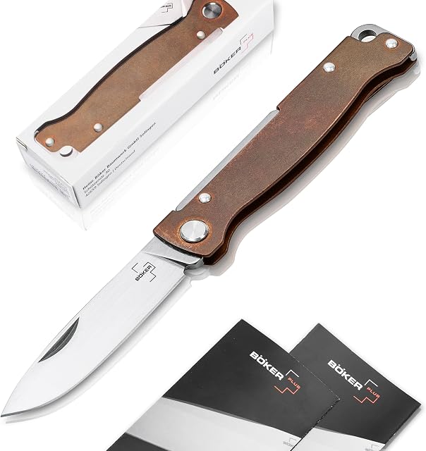 Böker Plus® Atlas nóż mały scyzoryk Slipjoint składany nóż z metalowym uchwytem nóż Edc w stylu vintage Sandvik (scyzoryk miedziany)