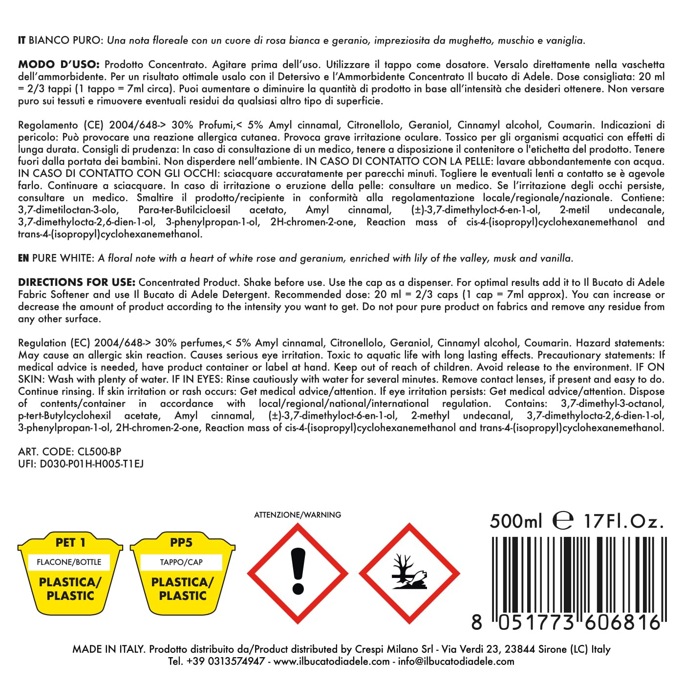 IL BUCATO DI ADELE il bucato che profuma di casa | Assouplissant pour lave-linge, Parfum Bianco Puro, Format 500 ml