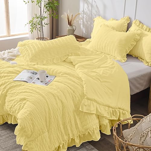 Miniatura 25 de JOLLYVOGUE - Juego de edredón tamaño queen, de 3 piezas, estilo seersucker, ligero y esponjoso para todas las estaciones, con 1 edredón con volantes