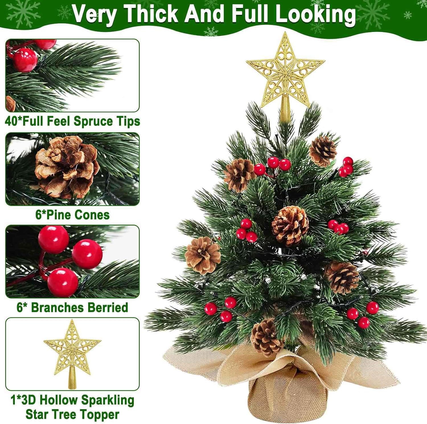 2 Pack 18 Inch Realistic-Feel PE Tabletop Christmas Tree 60 Warm Lights with Timer Battery Operated Cedar Norfolk PE Pine Spruce Mini Small Christmas Tree Red Berry Pinecone Star Xmas Christmas Decor