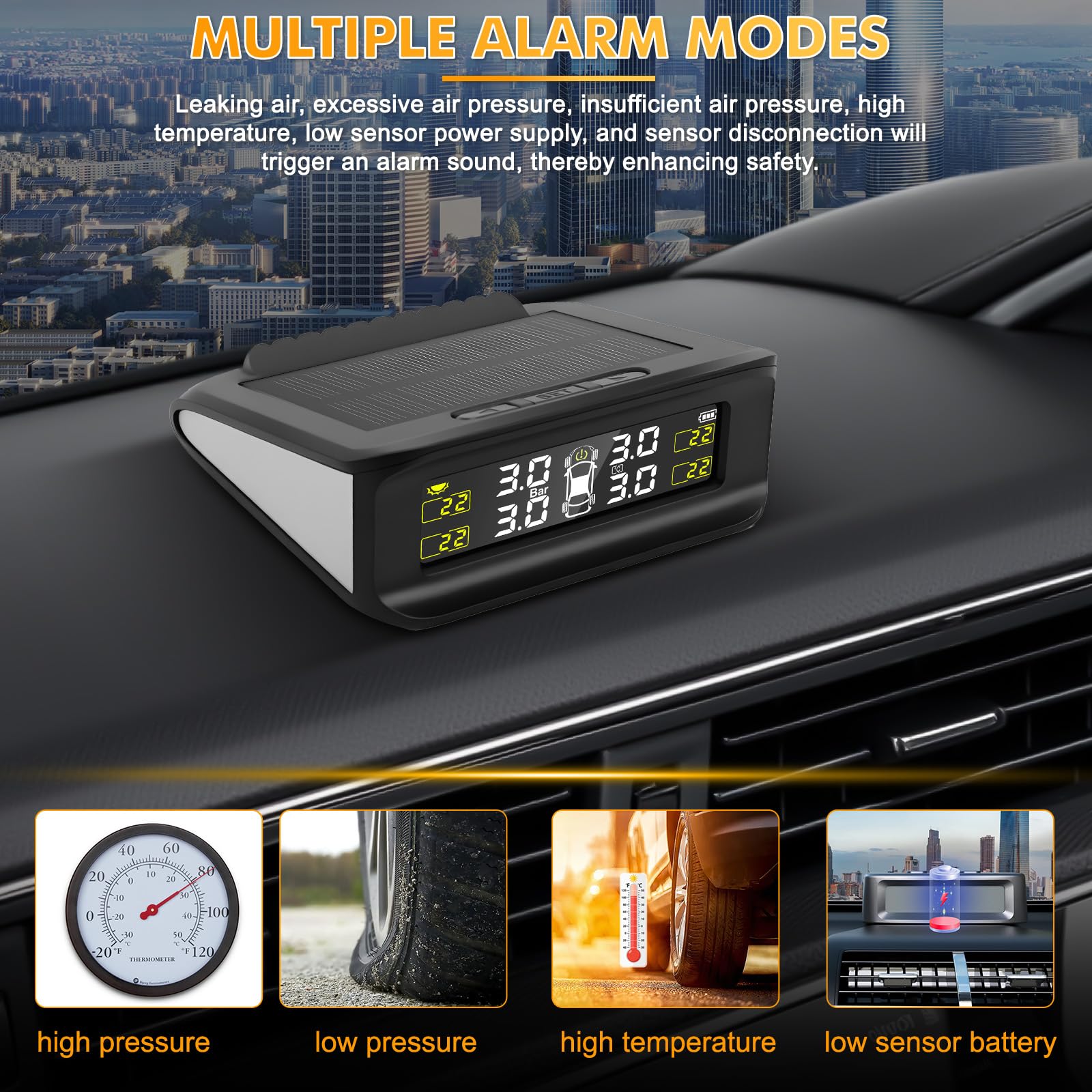 TPMS Sistema de Monitoreo de Presión de Neumáticos, Carga Solar/USB, 5 Funciones de Alarma, 4 Sensores Externos, 0-87 PSI/0-6.0 Bar,Compatible Berlina/SUV/MPV