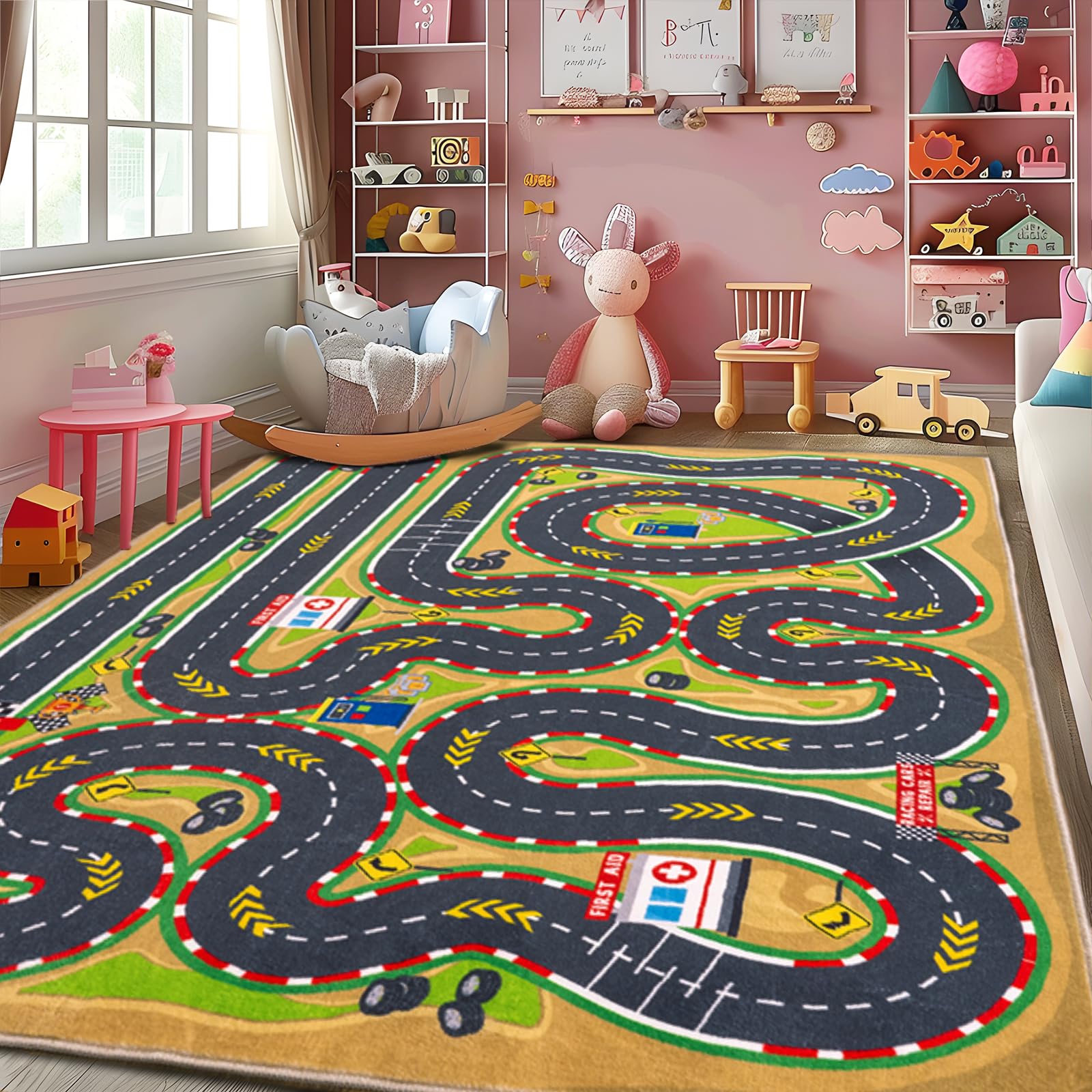 GthreeD Car Racing Track Rug, large rug, Soft & Non-Slip Machine Washable, perfect for educational play, learning, discovery, for children's rooms, living rooms, studies, playrooms,200x300 cm