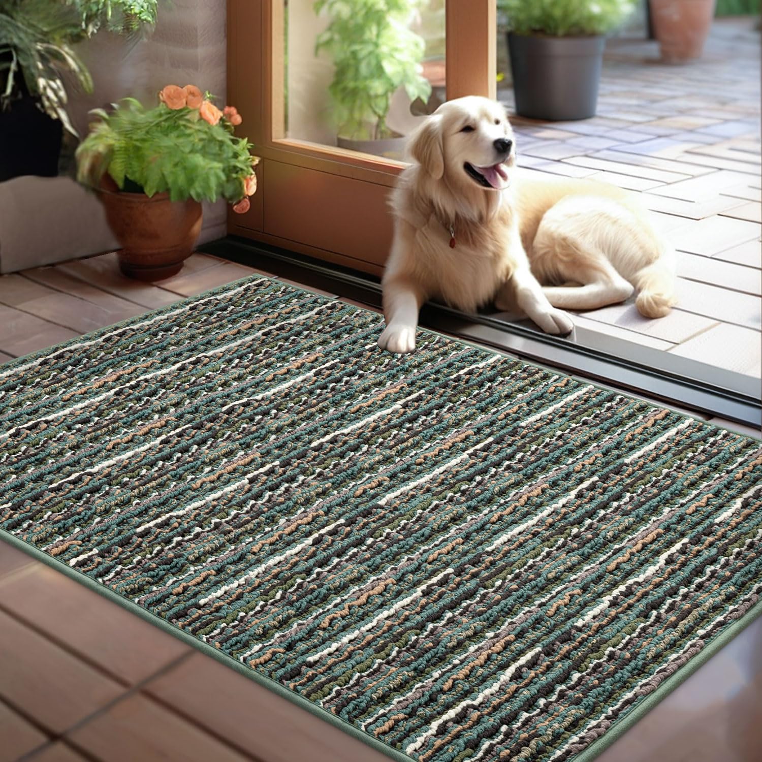 Biscpro Fußmatte 80x100cm Boho Teppich Schmutzfangmatte Innen Waschbar Rutschfester Fussmatte Eingangsmatte Carpet für Eingangsbereich,Haustür,Patio,Flur,Garten,Porch-Grün
