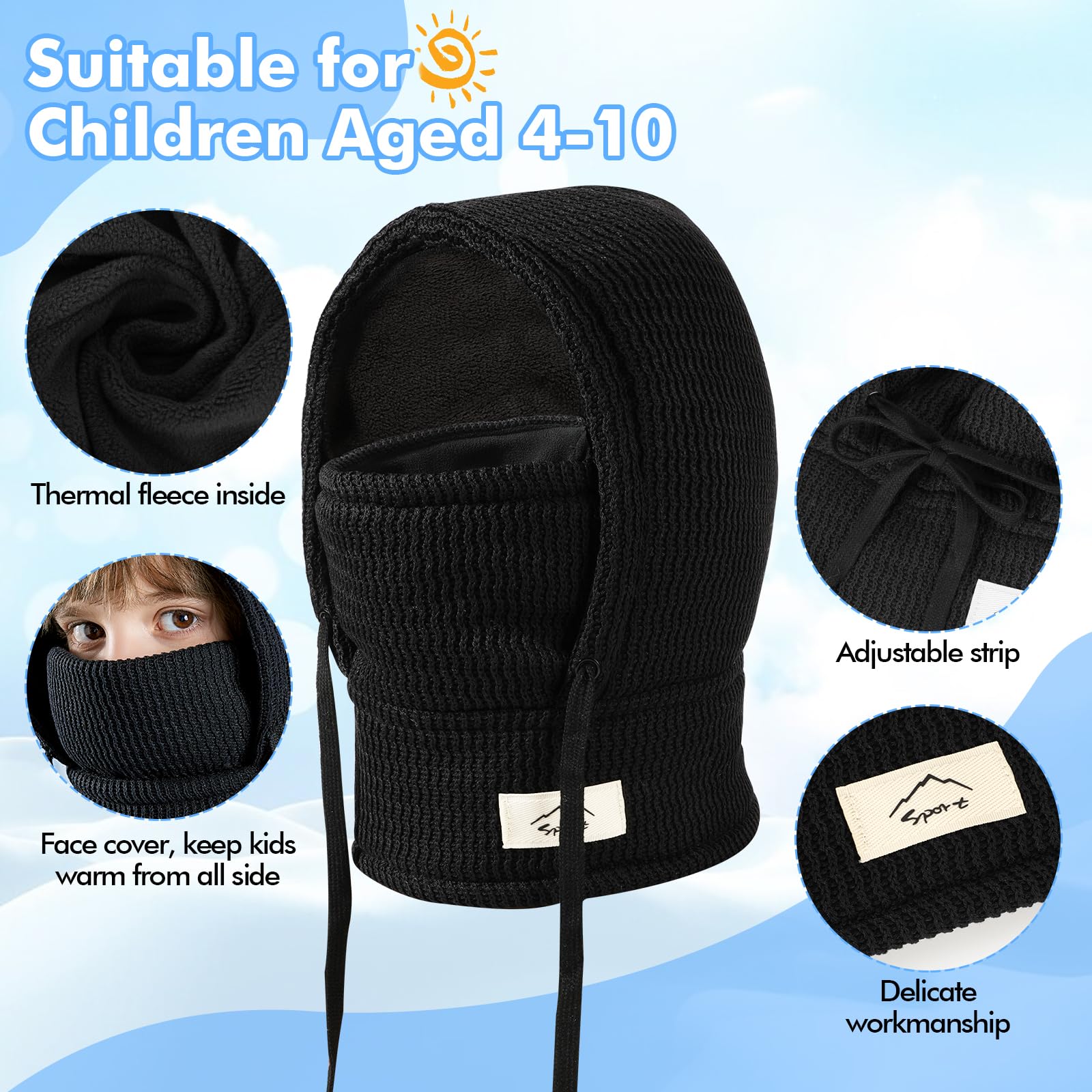 Cagoule d'hiver Thermique pour Enfants 4-10Ans, Multifonction Coupe-Vent Masque de Ski, Bonnet Tricoté Doublure Polaire Chaude Casquette Cache-Cou Tour de Cou écharpe Garçons Filles Plein Air