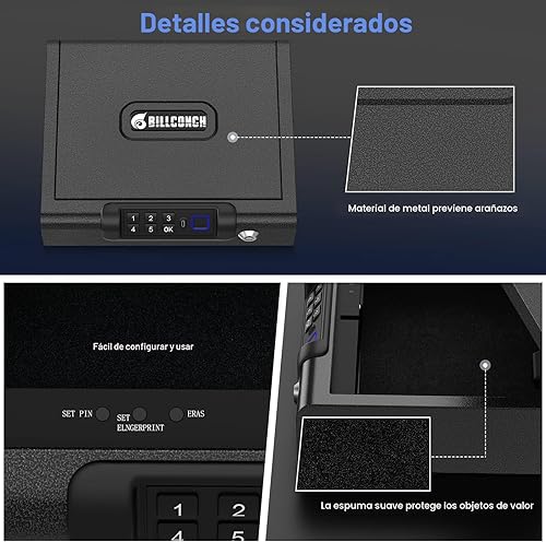 Miniatura 4 de Caja fuerte biométrica BILLCONCH para pistolas con 3 formas de desbloqueo por huellas dactilares, clave PIN digital y llave, caja fuerte para armas