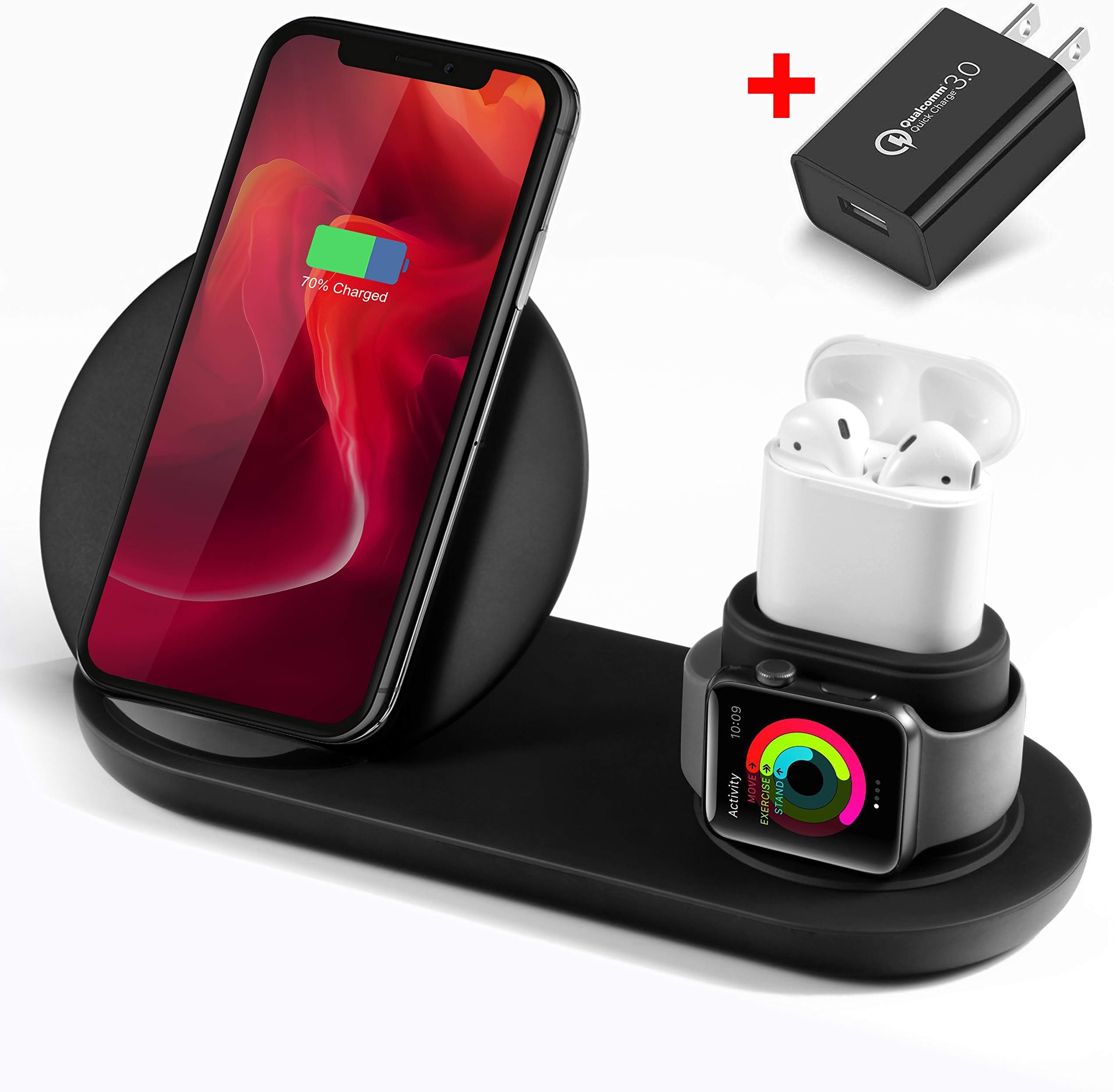 WATOE,Wireless Charger, 3 in 1 Wireless Charging Stand for Apple Watch and Airpods,Qi Fast Wireless Charging Station Compatible iPhone X/XS/XR/Xs Max/8/8 Plus, for Apple Watch Series 4/3/2/1,Black