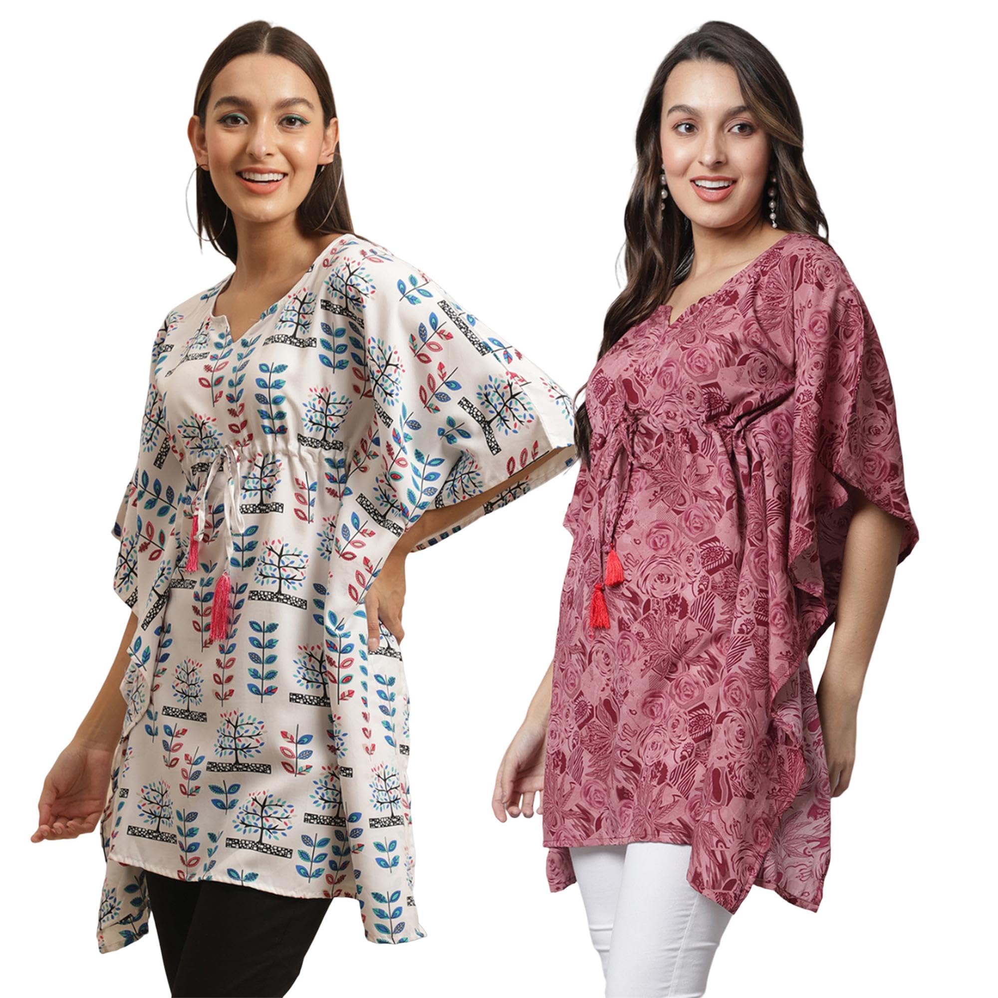 Tee Projekt Casual Crepe Kimino Sleeves Women's Kaftan Dress Ll Kaftan Casual & Everyday Kurta (Pack Of 2) Orange-Pink
