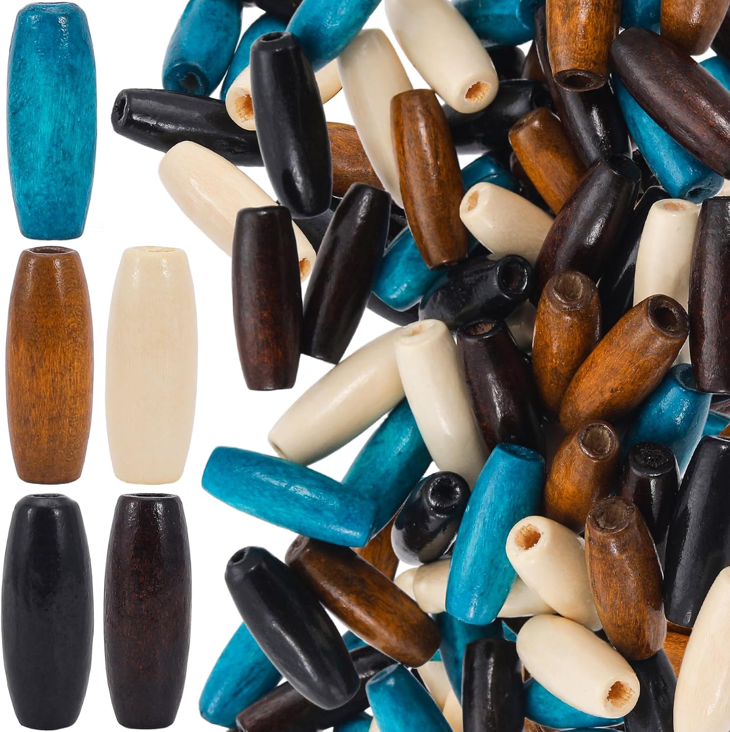 50pcs Wooden Beads for Crafts, Oval Large Hole Natural Wood Hair Beads, Colorful Wooden Spacer for Necklace Bracelet DIY Craft Handmade Decor- 5 Colors