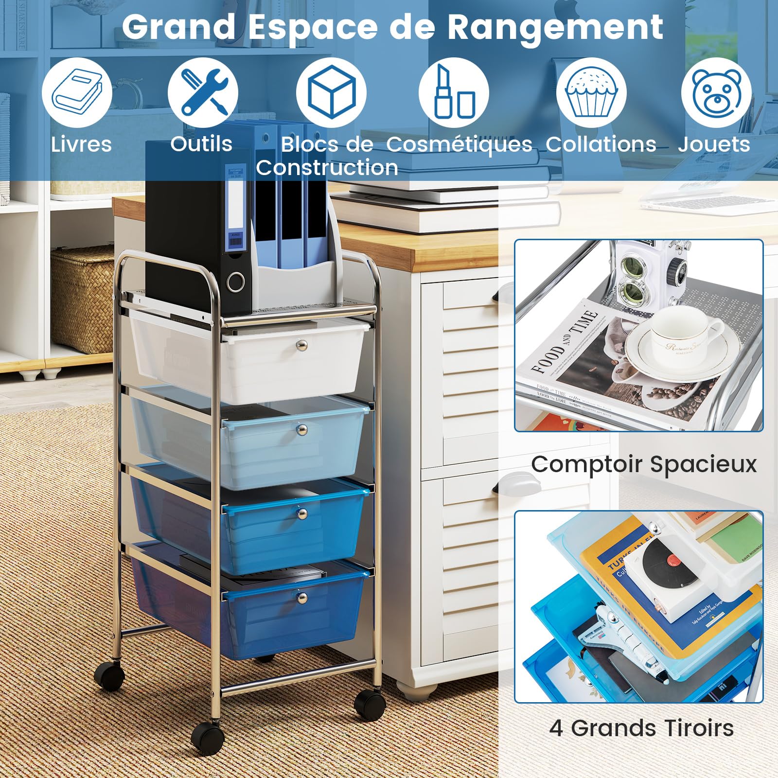 COSTWAY Chariot de Rangement à roulettes avec 4 Tiroirs Plastiques Amovibles, Tour de Rangement à roulettes, Cadre en Métal, Desserte pour Cuisine, Salle de Bain, École (32x37x76cm,Dégradé Bleu)
