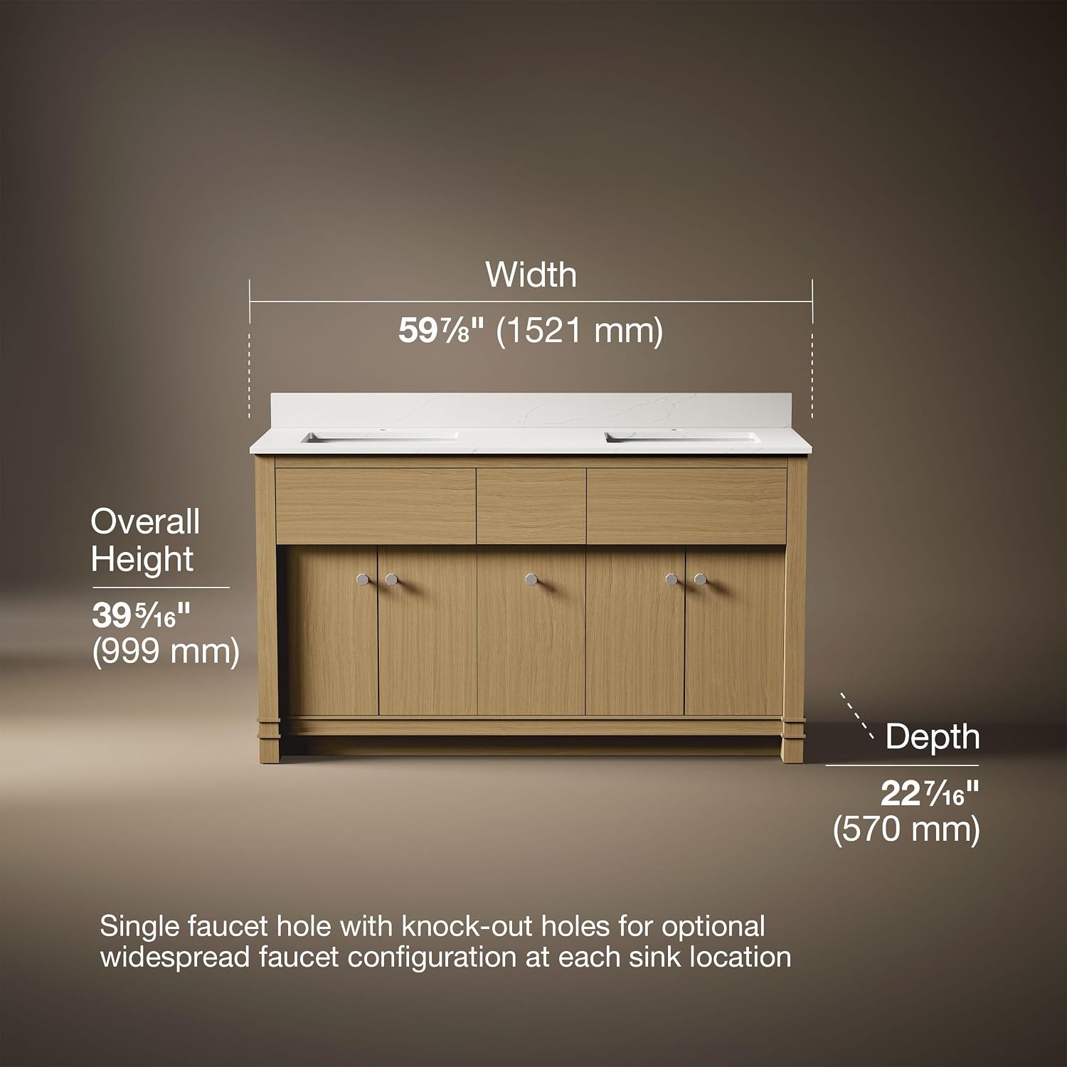 Kohler 33293-WEK Alouette™ 60" Bathroom Vanity Cabinet with Sinks and Quartz top, Light Oak