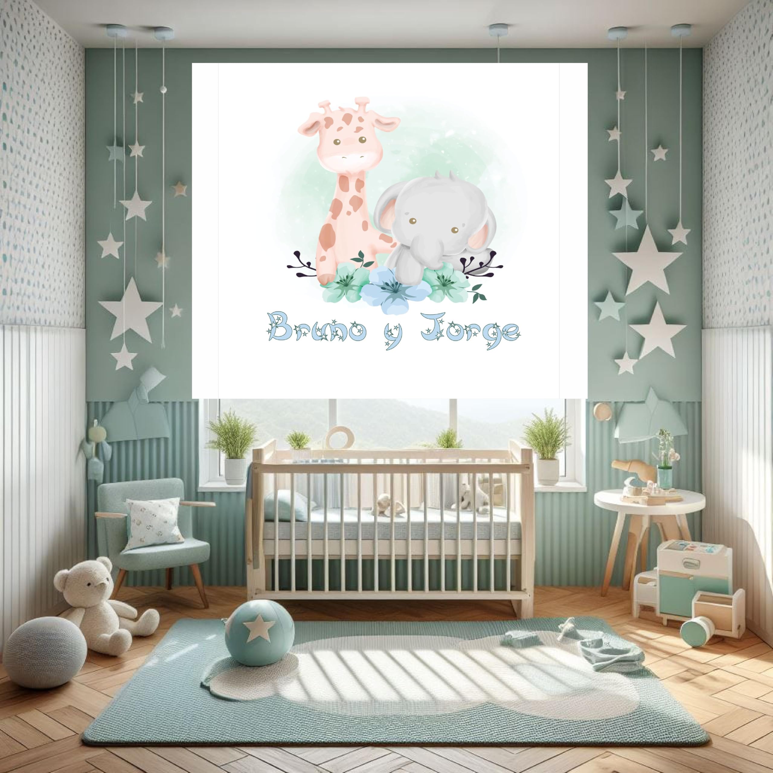 Estor Enrollable Infantil Niño Dibujo Animales de la Selva- Tejido Blanco Translúcido - Personalizable con Nombre - Estores Iroa - Decoración Habitación Infantil (Animales Selva Brother, 90X175)