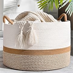 Large Blanket Basket (20"x13"),Woven Baskets for storage Baby Laundry Hamper, Cotton Rope Blanket Basket for Living Room, Laundry, Nursery, Pillows, Baby Toy chest (White/Brown)