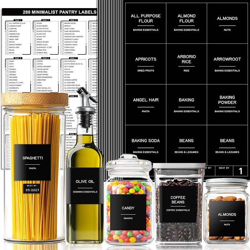 288 Pantry Labels for Food Containers, Black Preprinted Minimalist Waterproof Stickers for Organizing Storage Bins, Jars and Kitchen