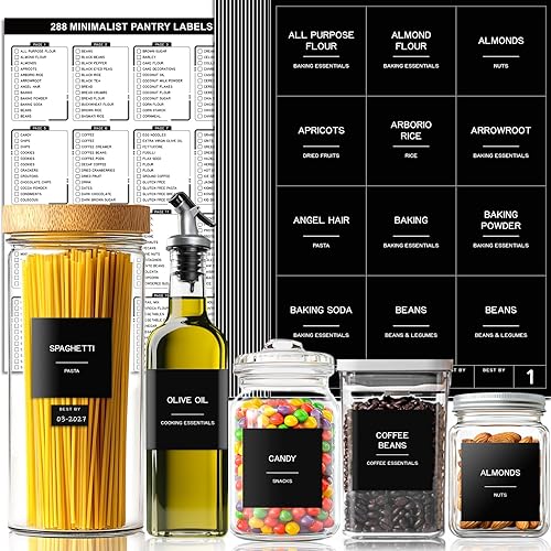 288 Pantry Labels for Food Containers, Black Preprinted Minimalist Waterproof