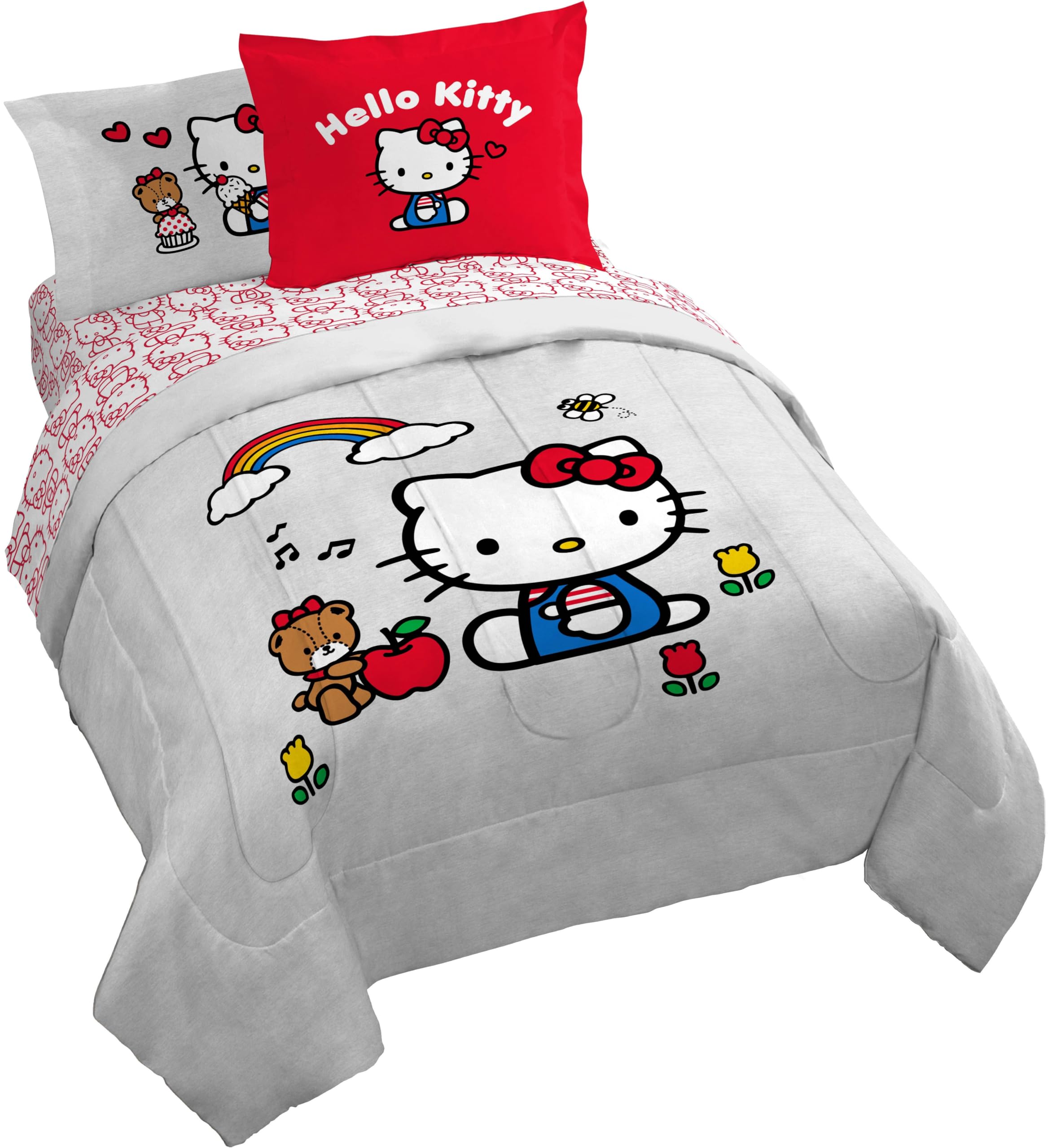 Jay Franco Sanrio Hello Kitty Queen Size Comforter Set - 7 Piece Red & Grey Bedding Includes Sheet Set & Pillow Covers - Super Soft Cozy Kawaii Bedding