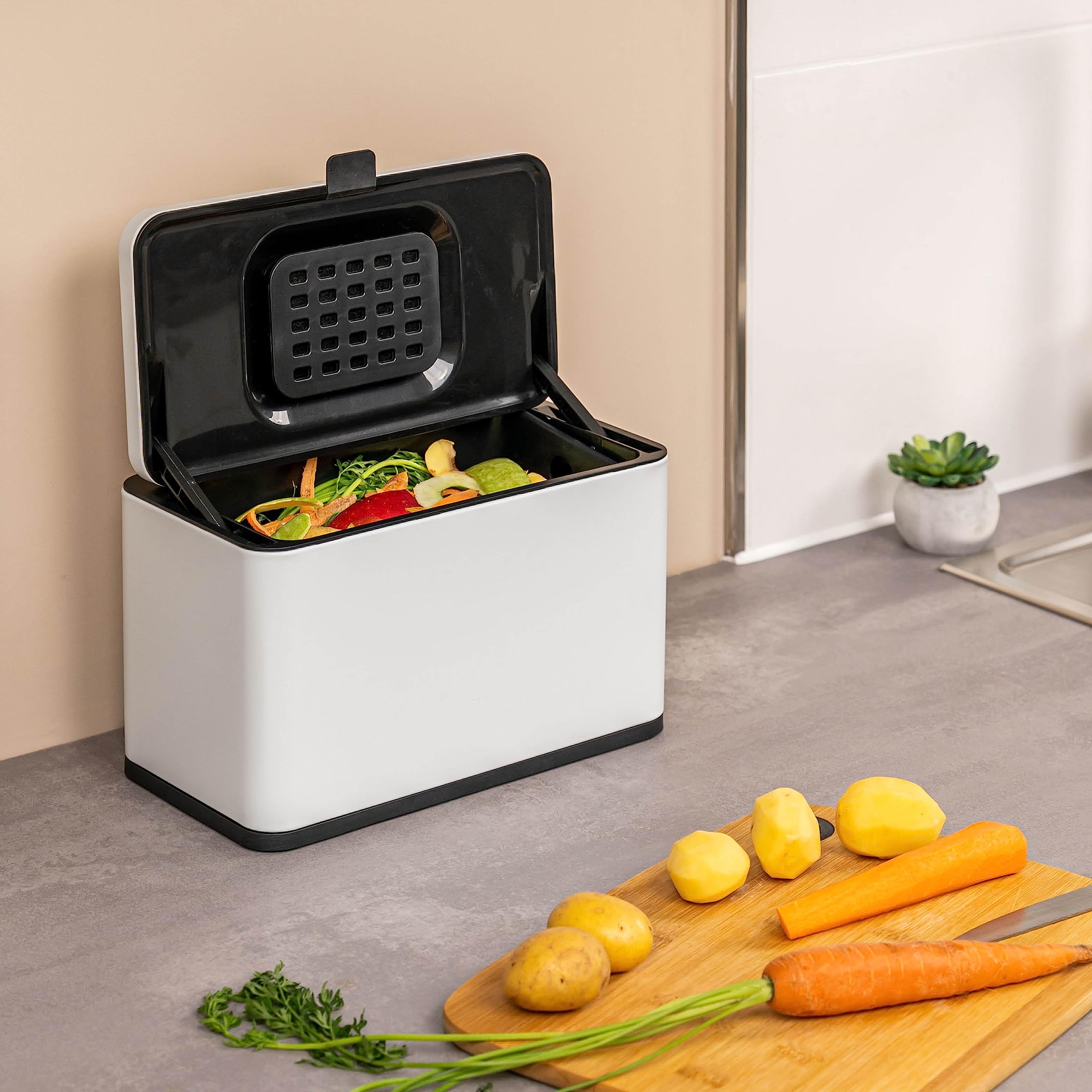 eluno Cubo de Basura biológica de 3 L con Filtro de olores, para Colgar, Colocar o Pegar, Cubo de Compost, 3 Tipos de Montaje (Blanco)