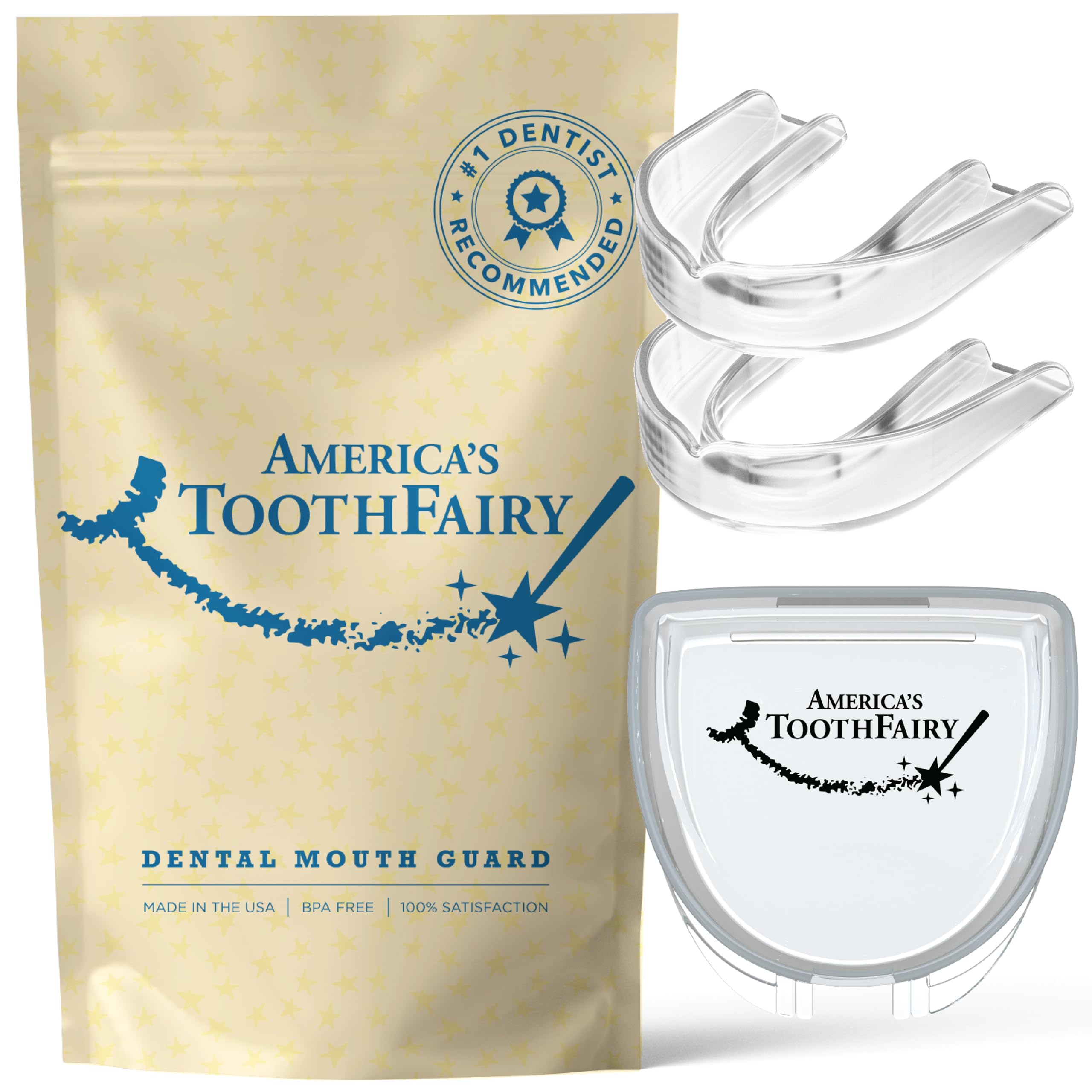 America's ToothFairy Dental Mouth Guard - Premium Protection Against Grinding &amp; Clenching and Sports Injuries - Braces-Friendly, Made in The USA (Adult, Clear) 2 Pack
