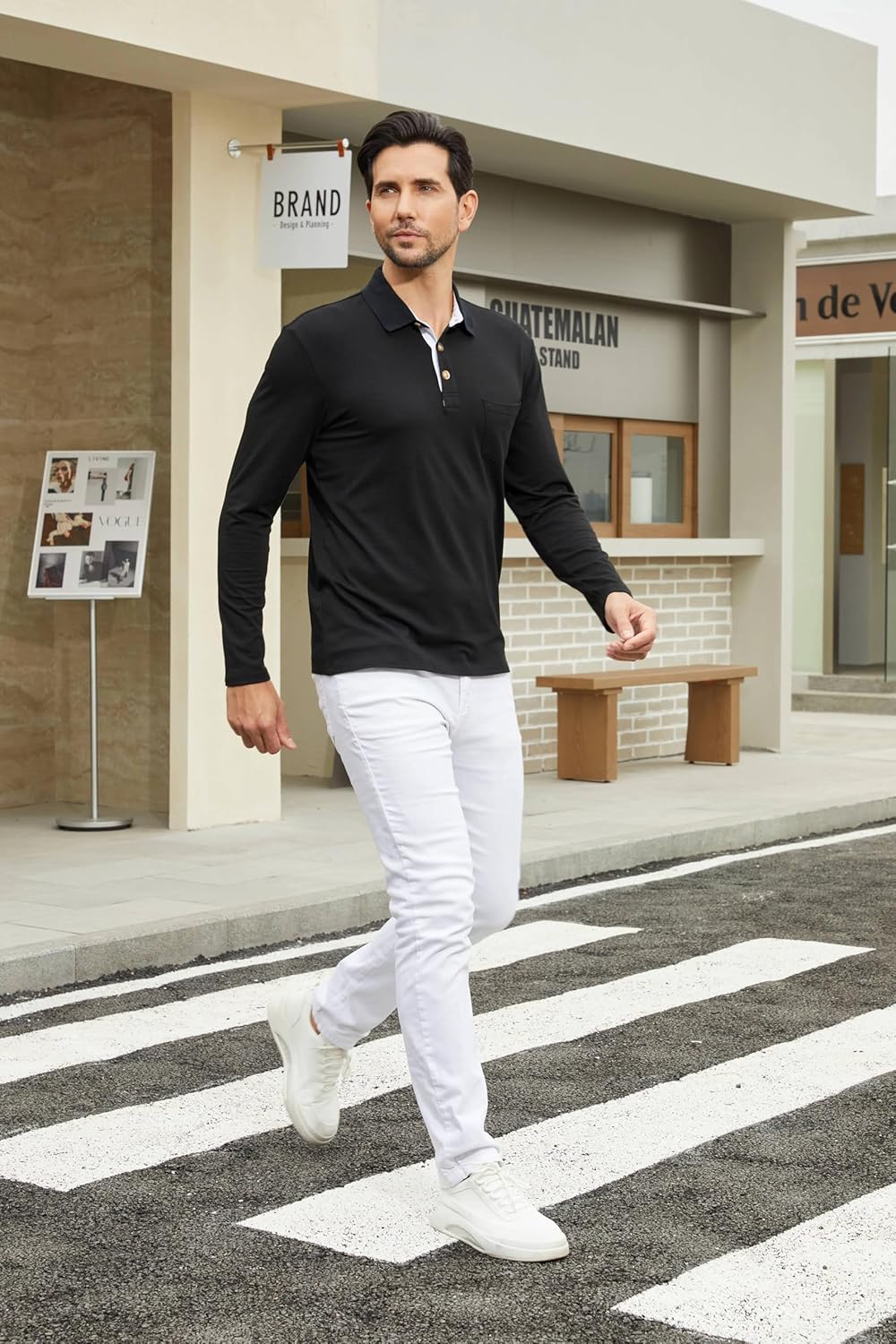 Men's Casual Polo Shirts Classic Button Basic Long Sleeve Shirt Solid Color Cotton Tees Stylish Tops - Image 5