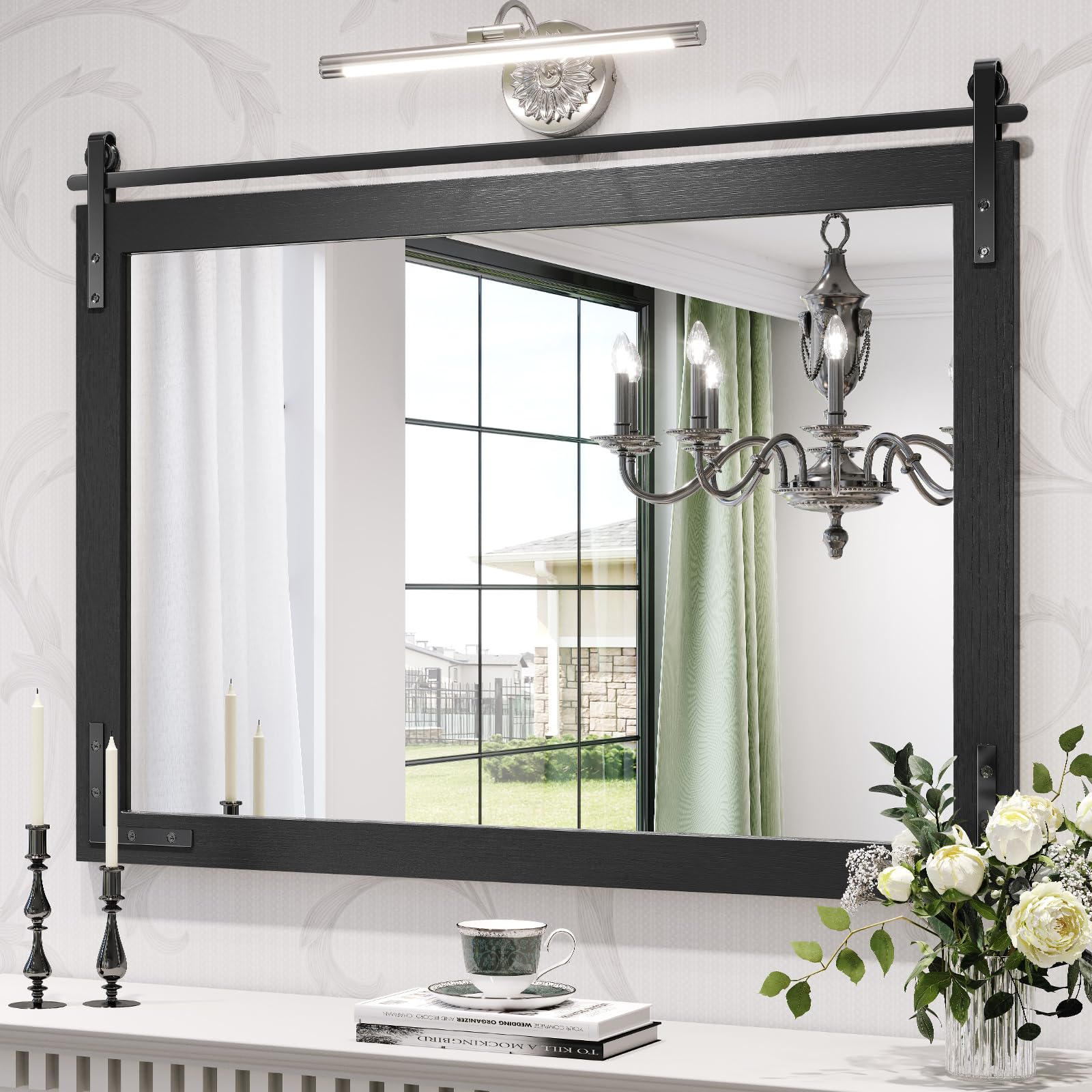 Mestikits Farmhouse Mirror 40x30 Inch, Black Rustic Bathroom Mirror Vanity, Wood Framed Rectangular Wall Decorative Mirrors for Entryway, Living Room,