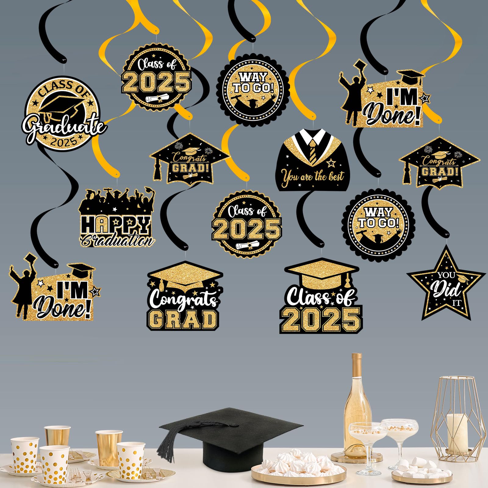 20 Pack Graduation Party Decorations 2025 - Congrats Grad Hanging Decoration, Black Gold Glittery Graduations Hanging Swirls Ceiling Streamers