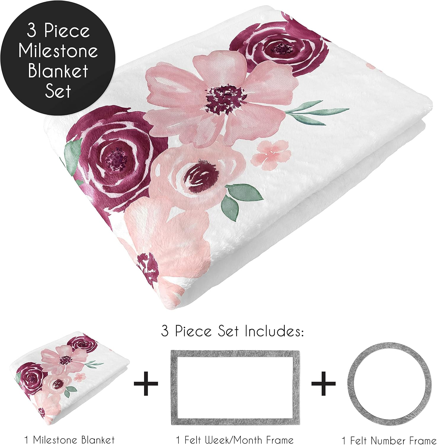 Sweet Jojo Designs Burgundy Pink Watercolor Floral Girl Milestone Blanket Monthly Newborn First Year Growth Mat Baby Shower Memory Keepsake - Blush Maroon Wine Rose Green Shabby Chic Flower Farmhouse