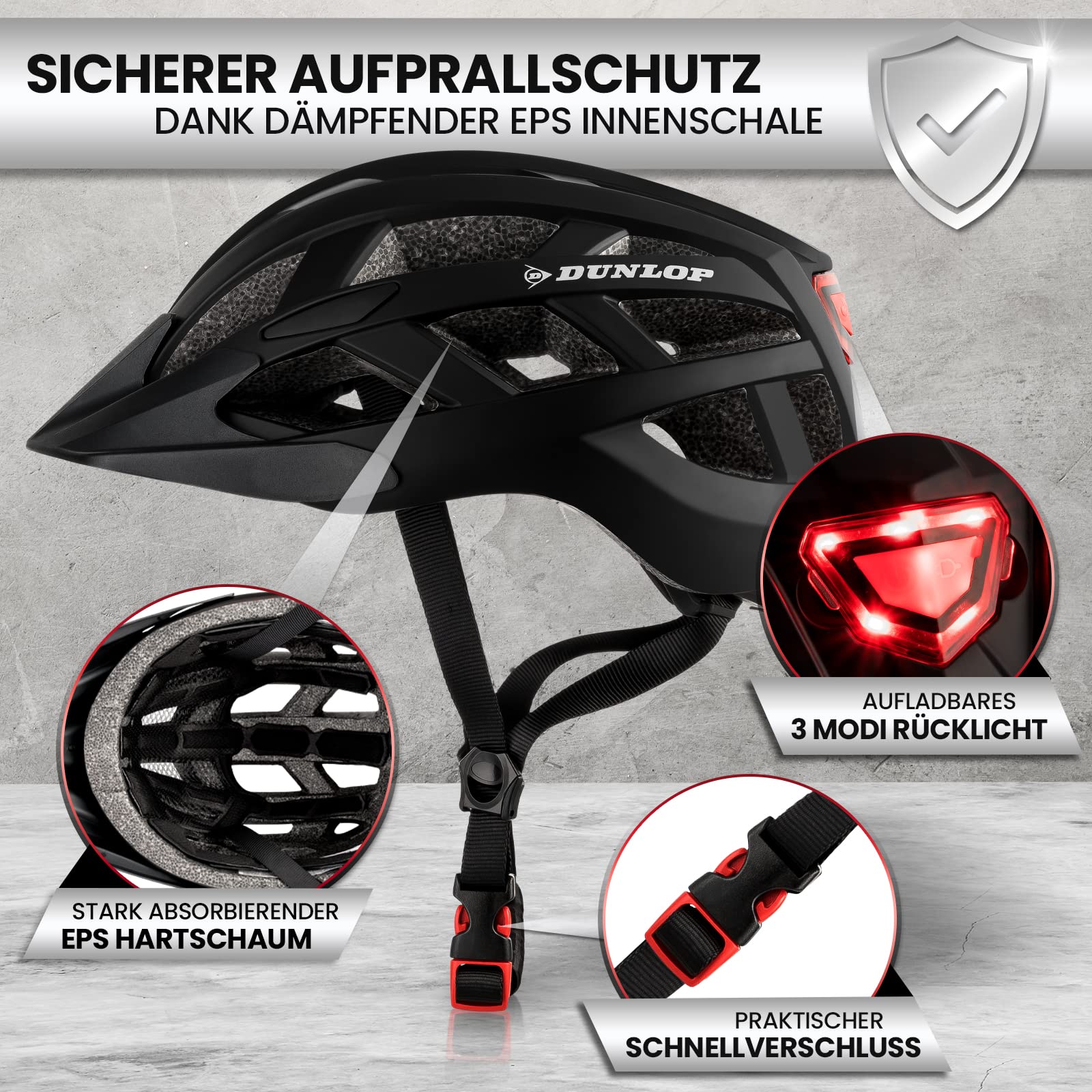 Dunlop Sports Fahrradhelm mit Licht - Sofort gesehen Werden - Ultraleichter Spezial Damen Herren Kinder Fahrrad Helm Visier und Rücklicht für hohe Sicherheit - Urban