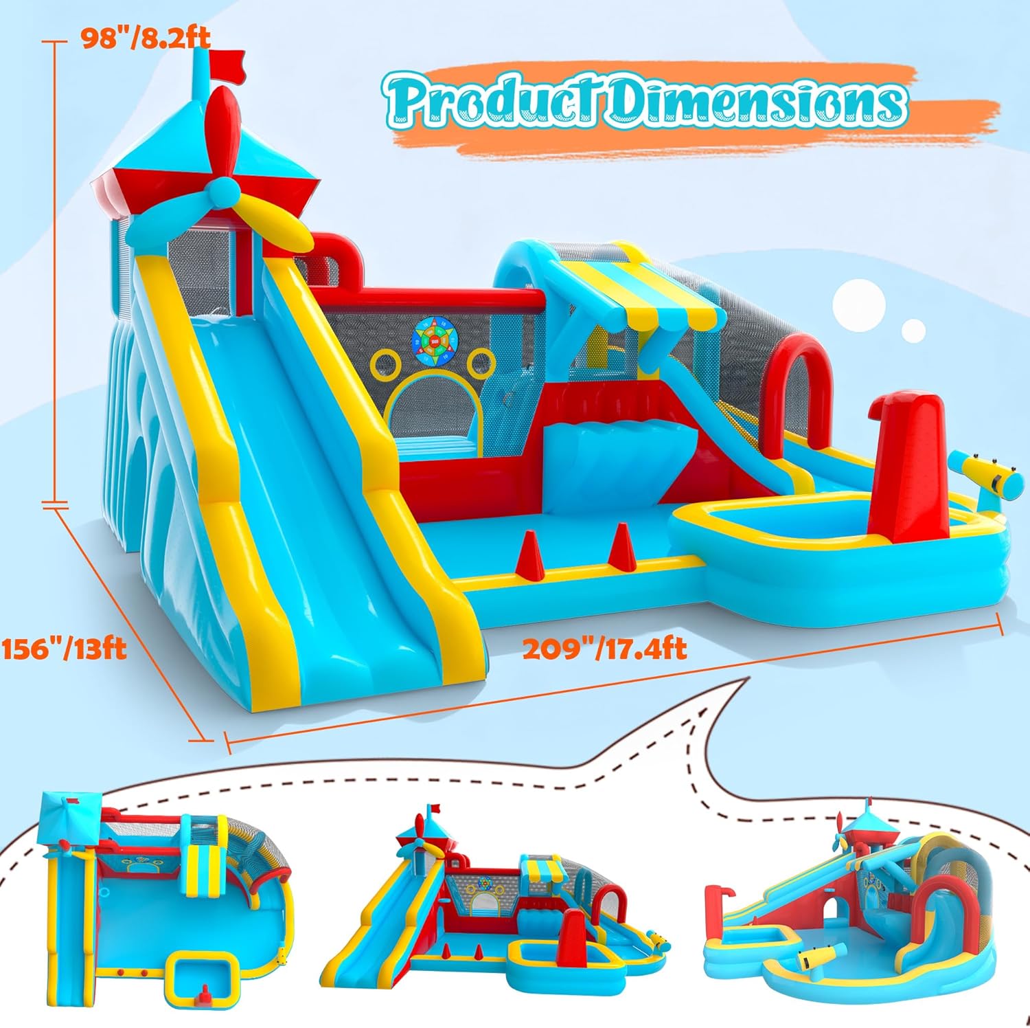 Inflatable Bounce House Double Water Slide for Big Kids,12 in 1 Bounce Castle with 750W Blower, Toy Stand, Water Gun, Splash Pool, Climbing Wall, Basketball Hoop, Outdoor Backyard (Red)