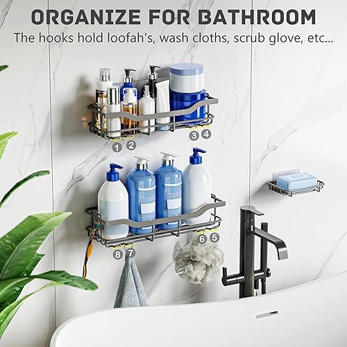 Miniatura 6 de OMAIRA Paquete de 3 organizadores de ducha con soporte para jabón, adhesivo a prueba de óxido, sin taladros, carga resistente, organizador de ducha,