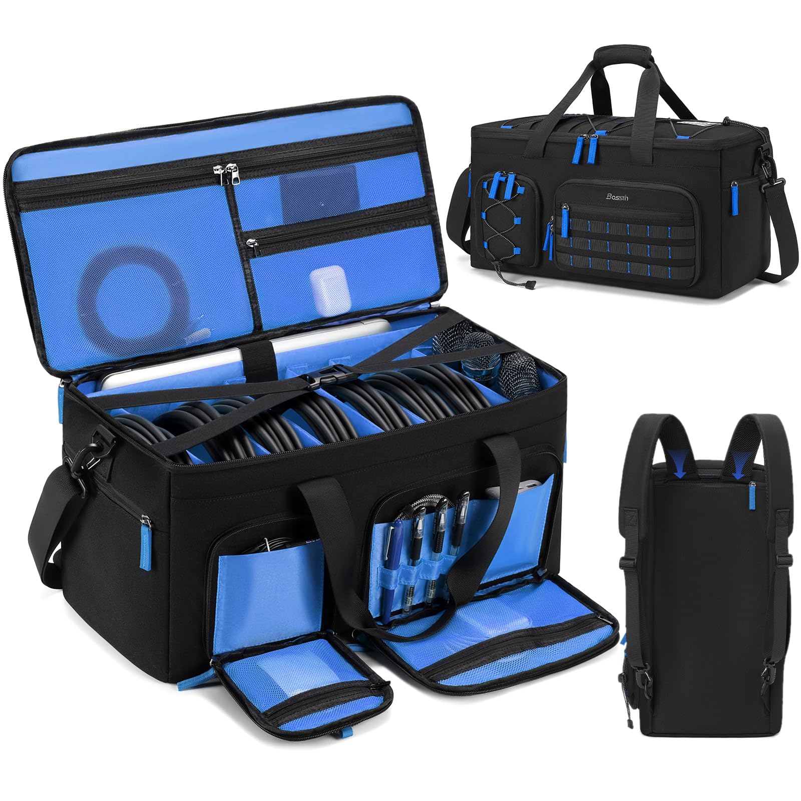 DJ Cable Bag with Detachable Dividers for Equipment and Music Gear, Blue
