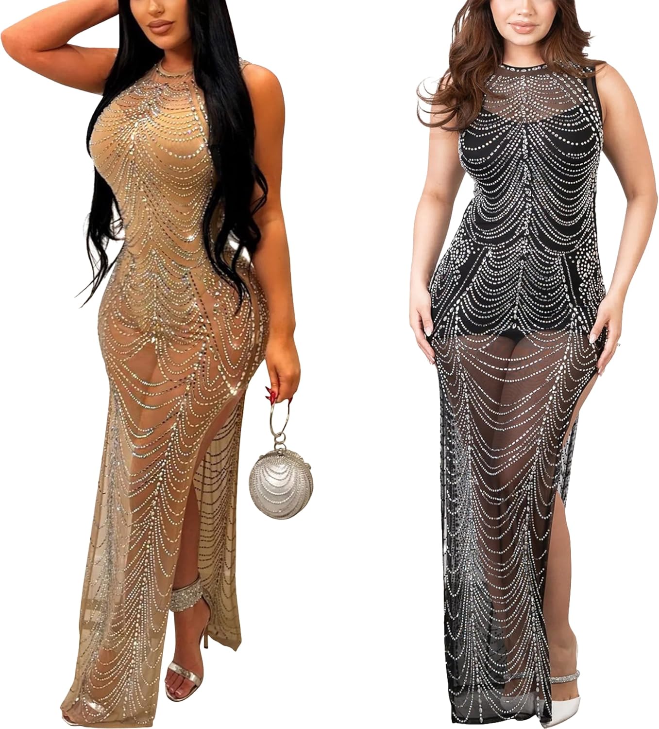 PORRCEY Women's Sexy Elegant Rhinestone Mesh See Through Bodycon Party Club Night Prom Dress - Image 4