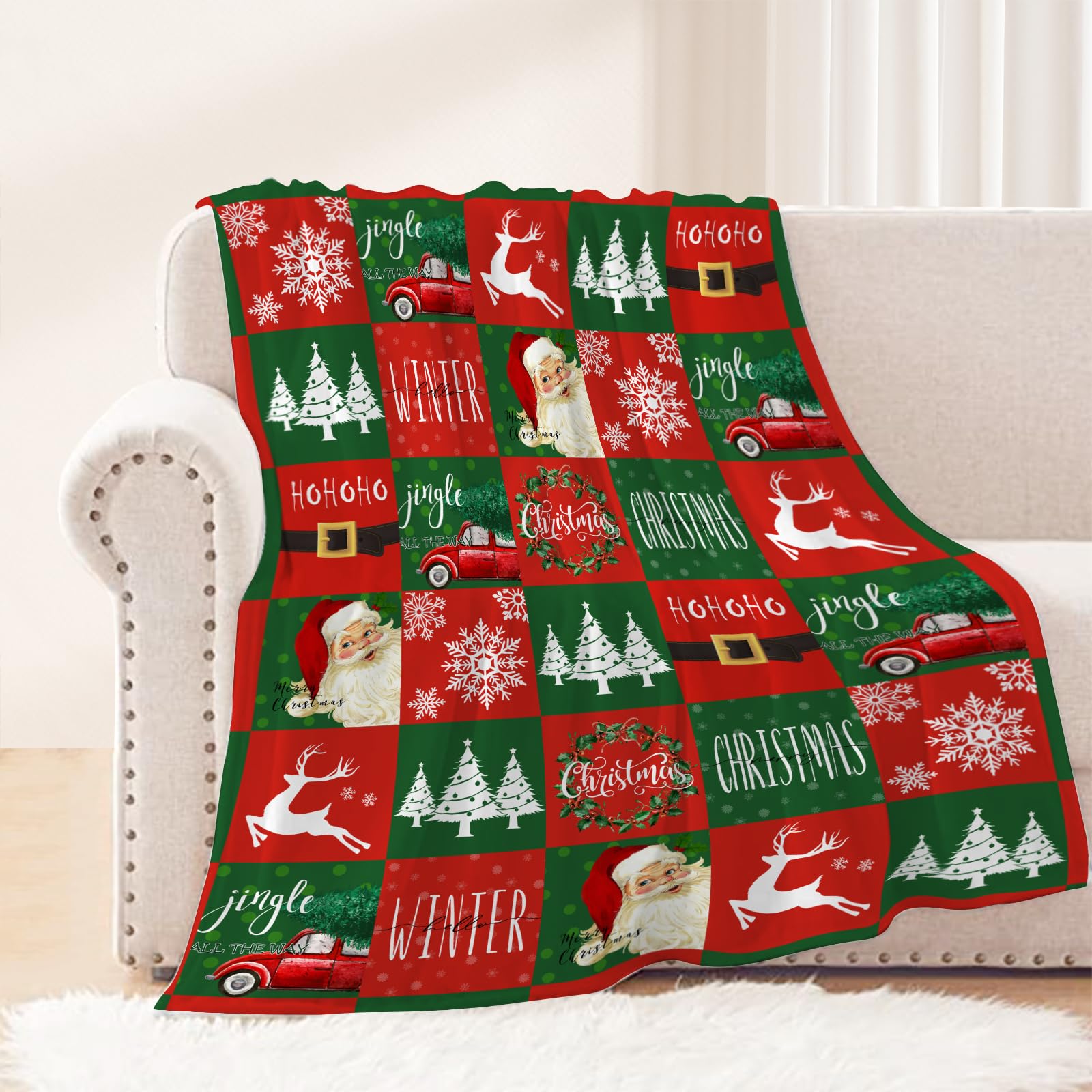 Neatee Living Christmas Large Throw Blanket Red Green Plaid Christmas Blanket Xmas Winter Holiday Blanket for Couch Sofa Bed Soft Lightweight Fuzzy