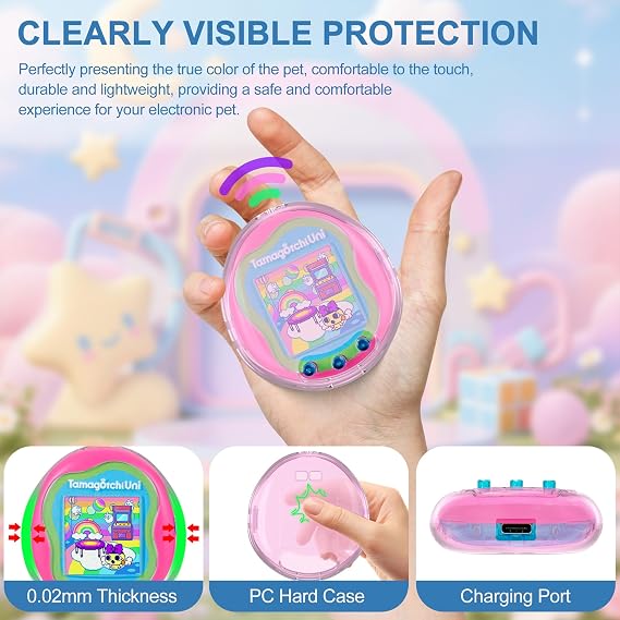Tamagotchi Uni用クリアケース キーチェーン、ボディ、スクリーンガード付き Tamagotchi Uniアクセサリー用 透明ハードディスプレイボックス DIYファンやコレクターに最適 デバイス/フィルムなし