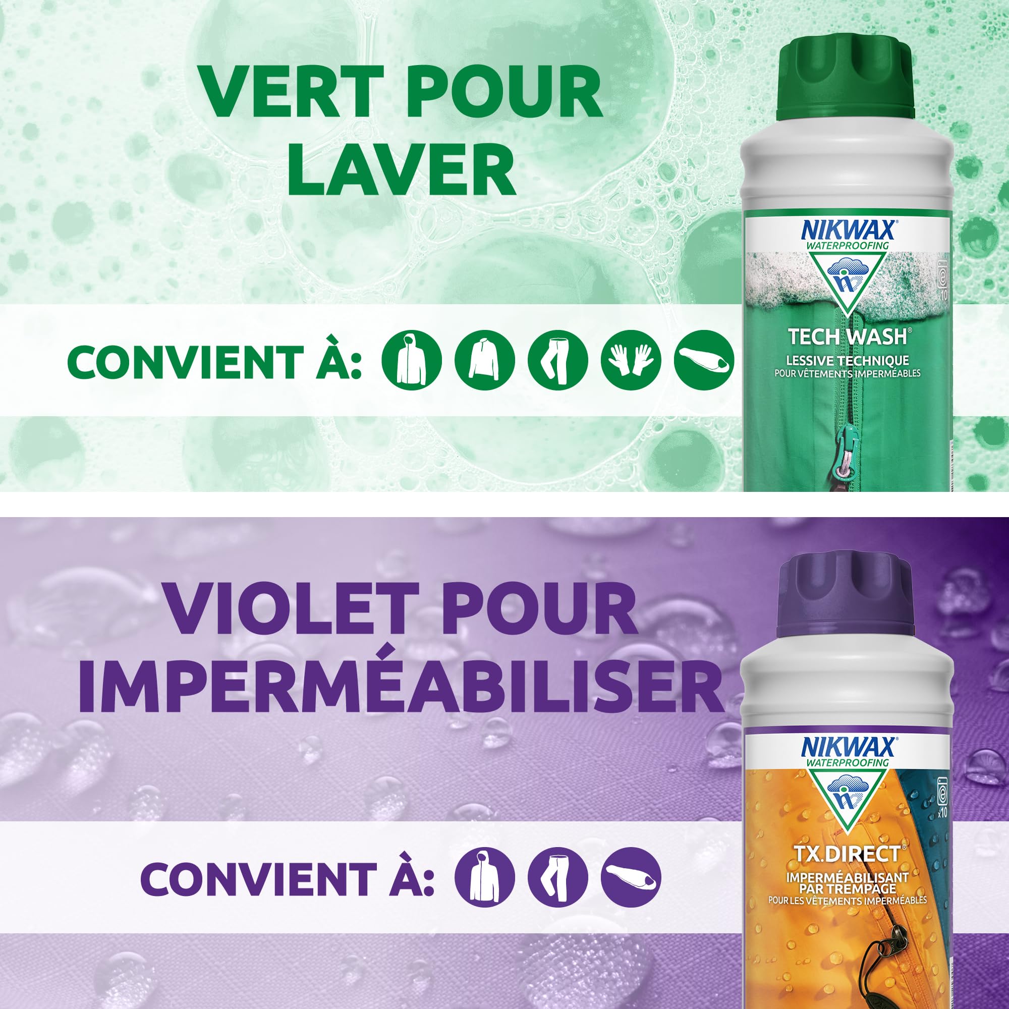 Nikwax Pack Duo Tech Wash et TX.Direct, Nettoyant et Imperméabilisant Techniques pour vêtements imperméables, Nettoient, Imperméabilisent, Revitalisent la respirabilité, 2 x 1L