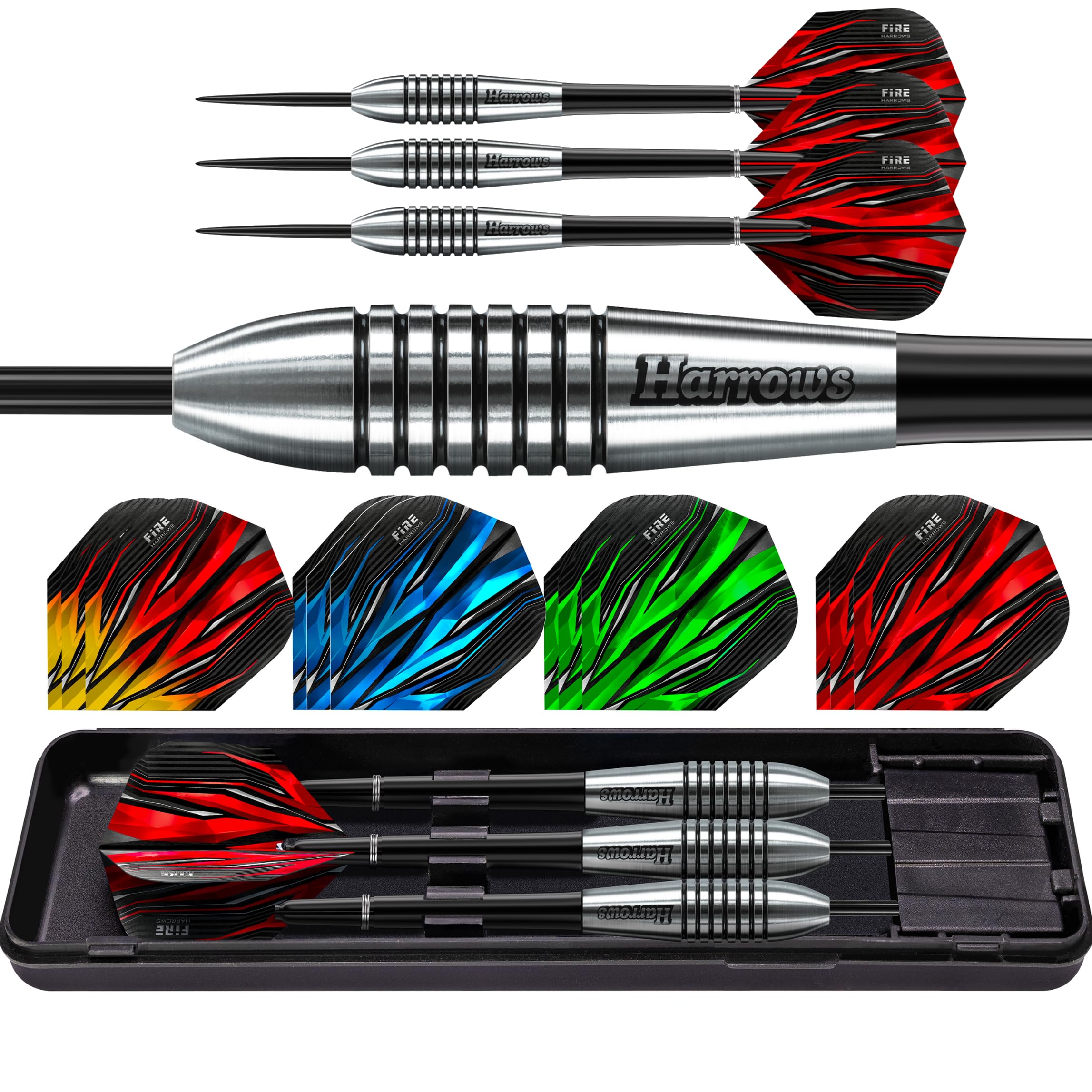 Harrows Lot de 20 fléchettes Fire Bomber avec pointe en acier tungstène I 23 g, 25 g, 27 g disponibles I énorme lot de 20 pièces avec ailettes de rechange 25 g