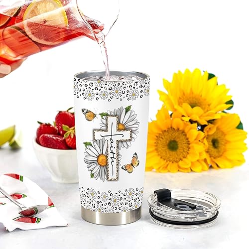 Miniatura 3 de Regalos cristianos para mujeres, con texto en inglés With God All Things Are Possible, taza de viaje  Taza de viaje con margaritas de leopardo, fe