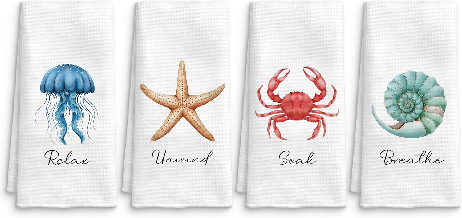 Coastal Beach Bathroom Hand Towels Set of 4, Jellyfish Starfish Crab Conch Relax Unwind Soak Breathe Decorative Hand Towels for Spa Yoga Gym Bathroom Washroom, 16x24 Inch