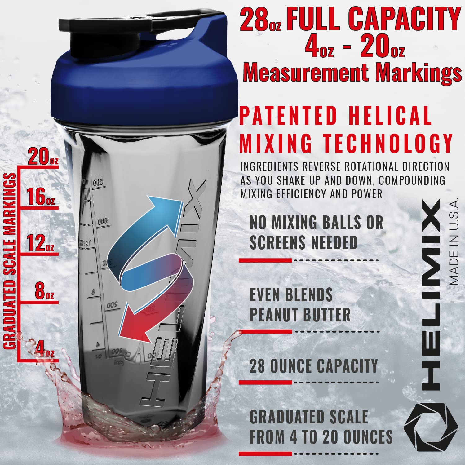 Protein Shaker HELIMIX 28oz Vortex Blender Bottle No Ball Needed