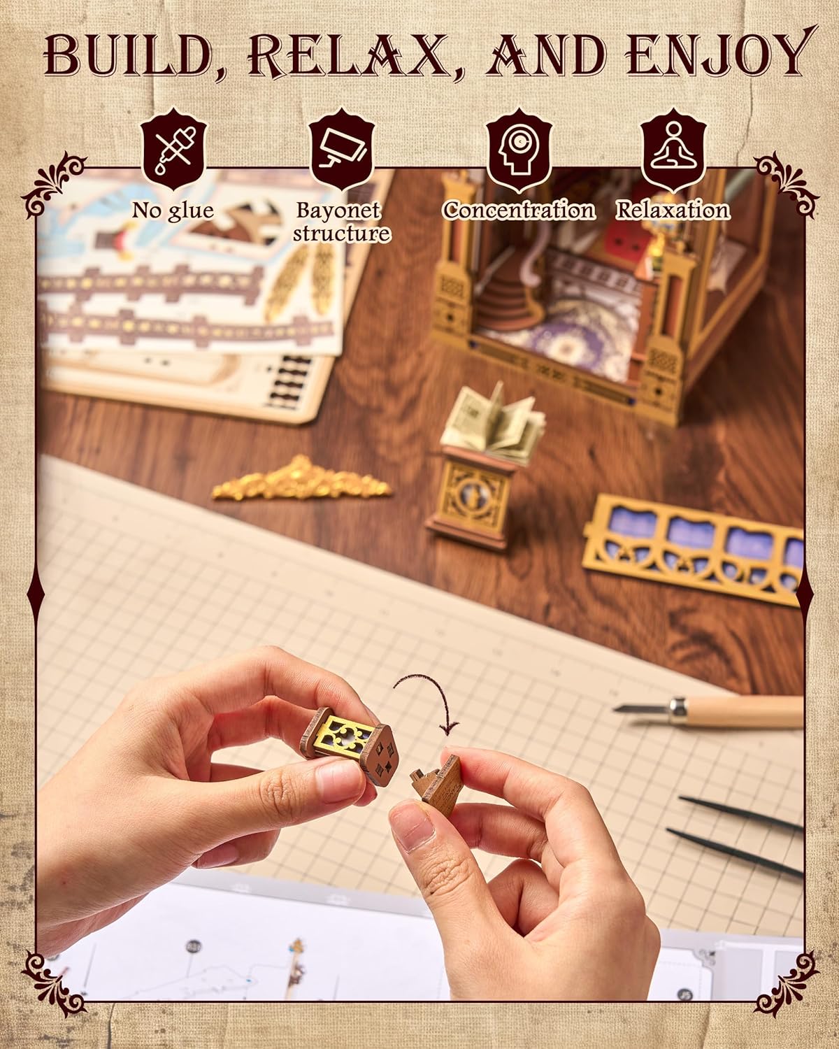 Rolife DIY Book Nook Kit - Library of Wonders 3D Wooden Puzzle | Baroque Miniature House with Grand Chandelier & Touch LED | 10.4" Bookshelf Insert Decor | Creative Gift for Adults (258 Pcs)