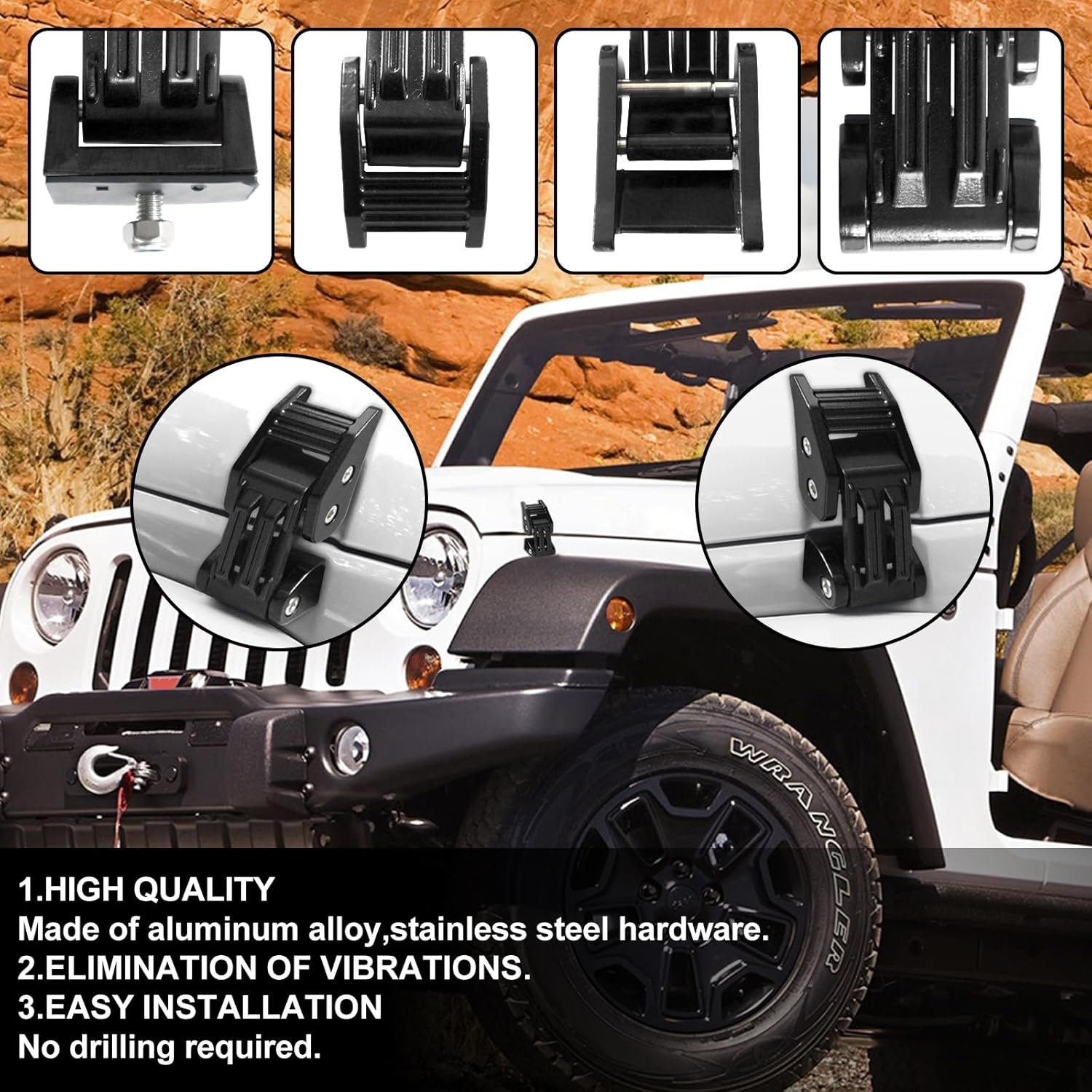 Hood Latches Adjustable Aluminum Hood Lock Kit for 2007-2018 Jeep Wrangler JK JKU and 2018-2024 Jeep Wrangler JLJLU Gladiator 2-Door and 4-Door (Black)