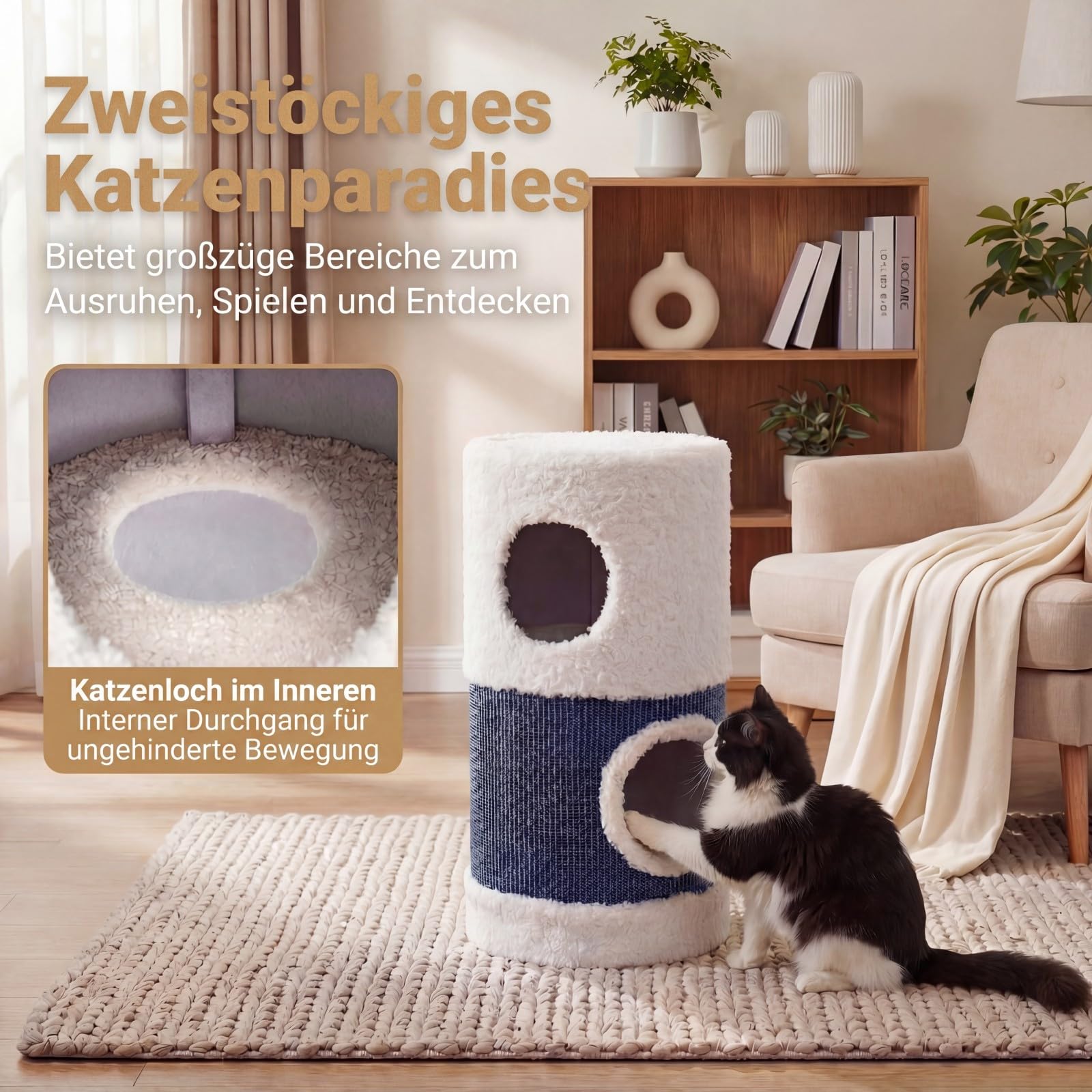 GOPLUS 2-stöckiges Katzenhaus mit Kratzbrett, Katzenhöhle mit überdachtem Katzenbett & integrierten Katzentunnel, Moderne Katzentonne, 35 x 35 x 66 cm, stabile Katzenhütte für Hauskatzen