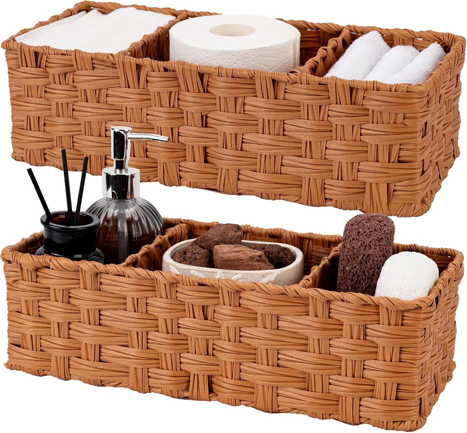 GRANNY SAYS Bathroom Toilet Organizer, Back of Toilet Storage Basket, Waterproof Storage for Shelves, 3 Section Wicker Baskets, Caramel Orange, 2-Pack