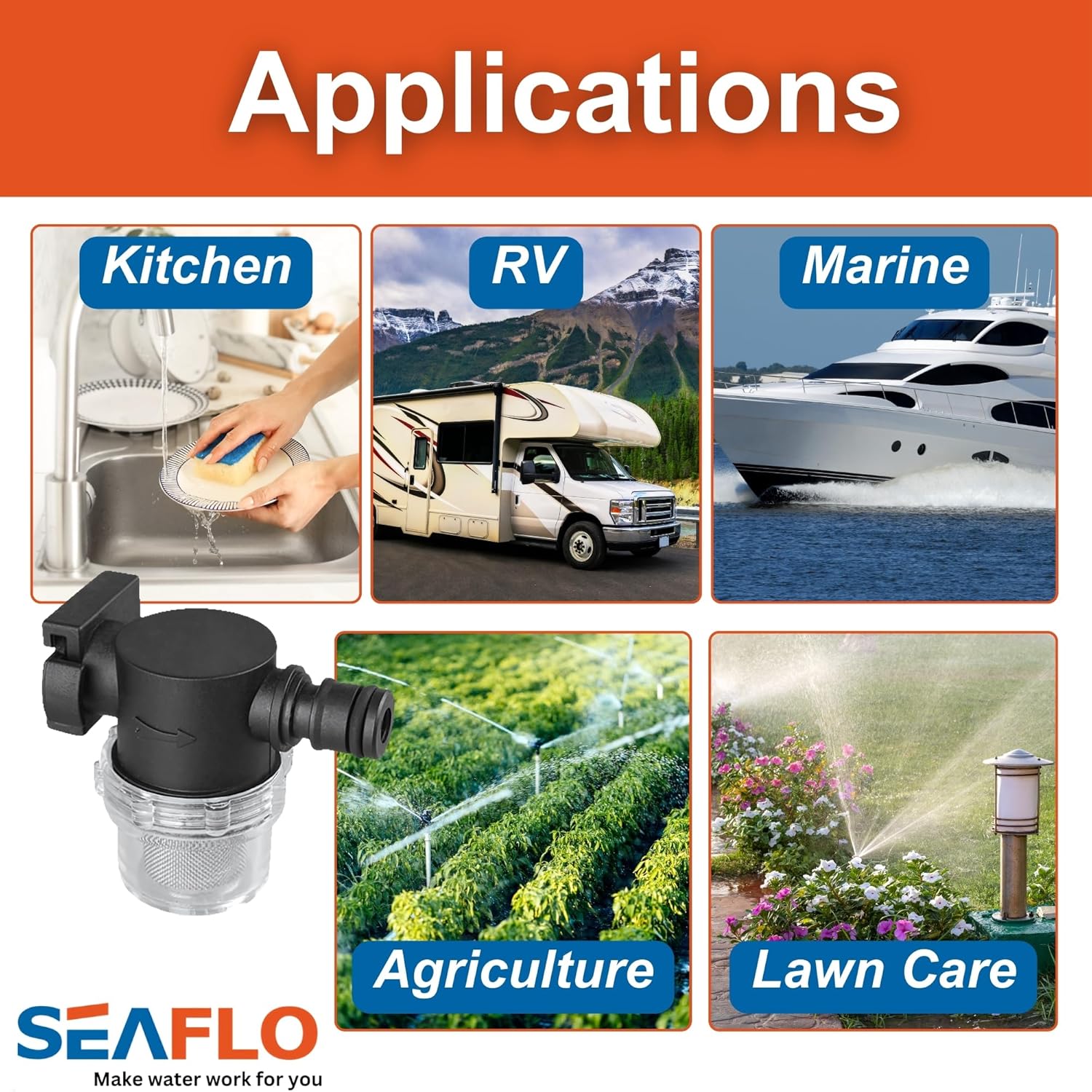SEAFLO Inline Water Pump Filter 35S01-5/8" Female Quick Attach & 5/8" Hose Barb, 50 MeshSteel Strainer with Plastic Shell, Fits SEAFLO 35 Series Pumps, RV, Marine, Agriculture, Lawn Care (10-Pack)